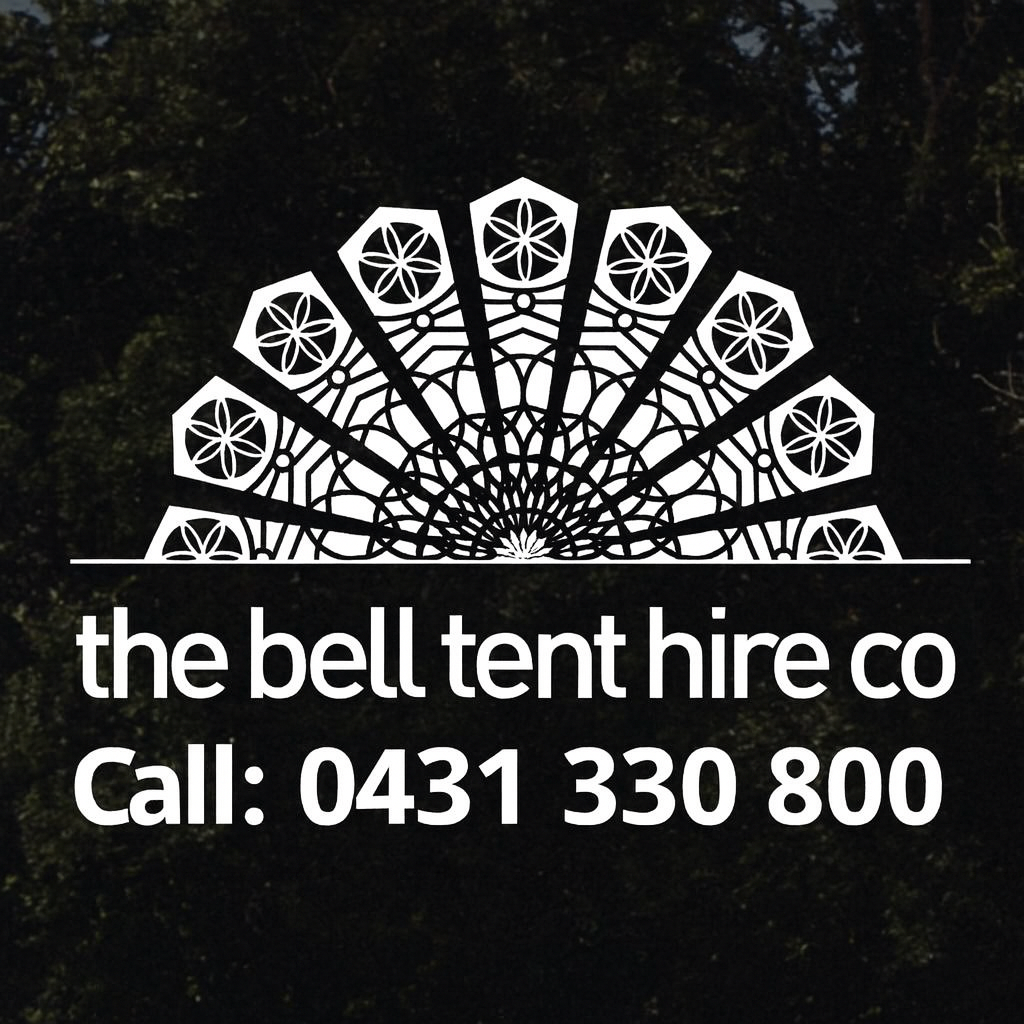 Graphic of a decorative fan with intricate patterns and the text "the bell tent hire co" and a phone number "0431 330 800" for a tent rental company.
