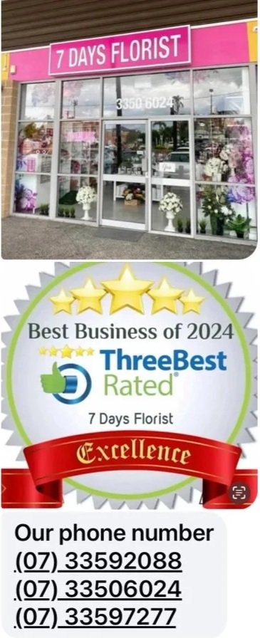 Storefront of 7 Days Florist with pink sign, large window display of flowers inside, and a sidewalk outside. Below is a badge indicating the business was rated best of 2024 by ThreeBest Rated with five stars and an excellence banner, along with contact phone numbers.