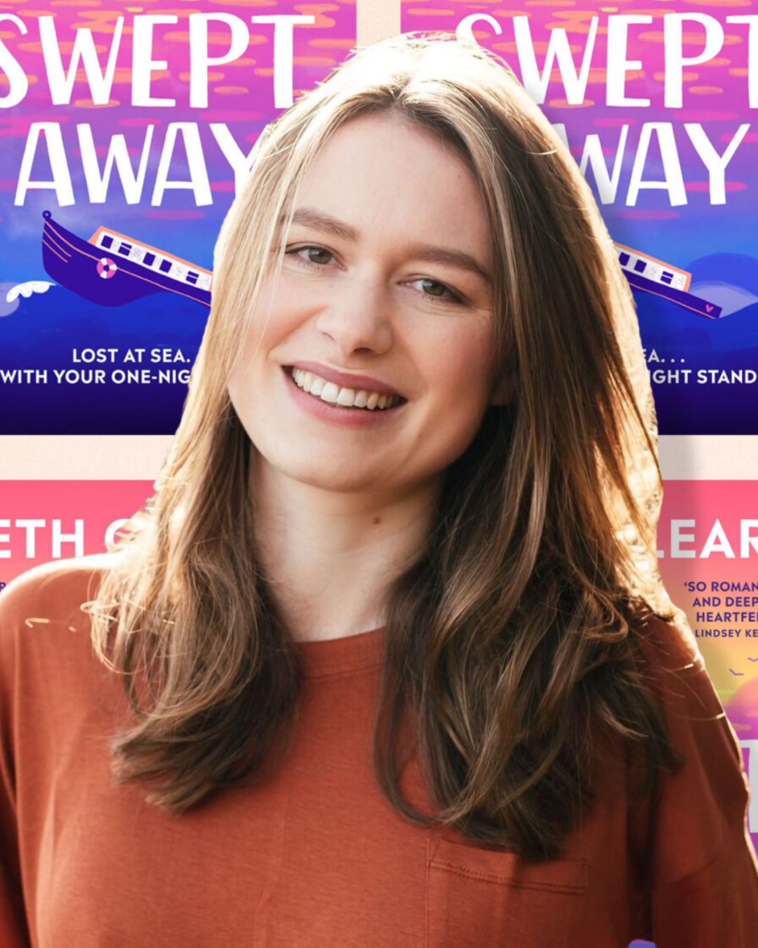 Beth O'Leary with a background of her new novel, Swept Away