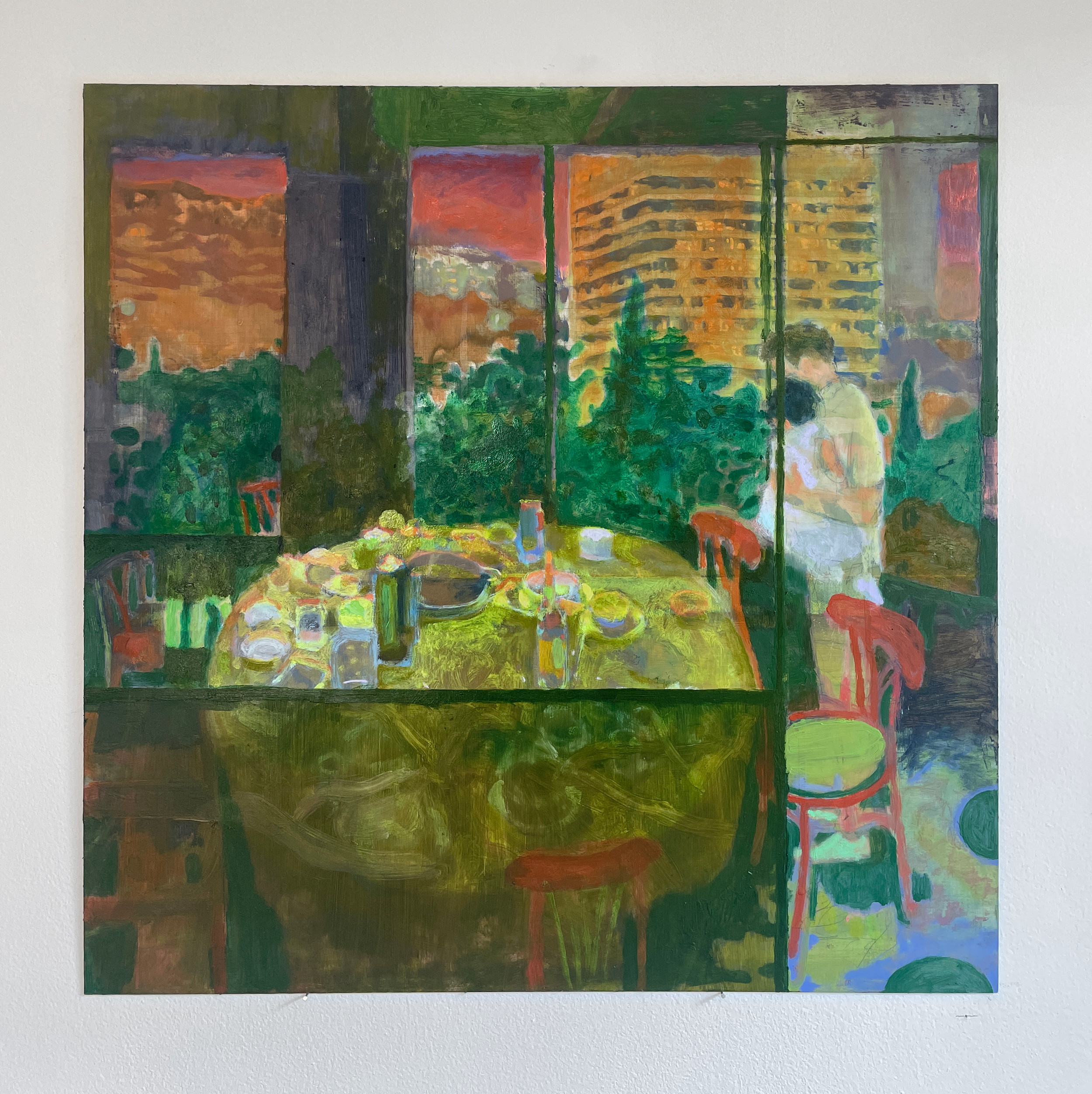 Stacked plates, lost years in their glaze   |   2026   |   Oil on aluminium   |   50 cm x 50 cm