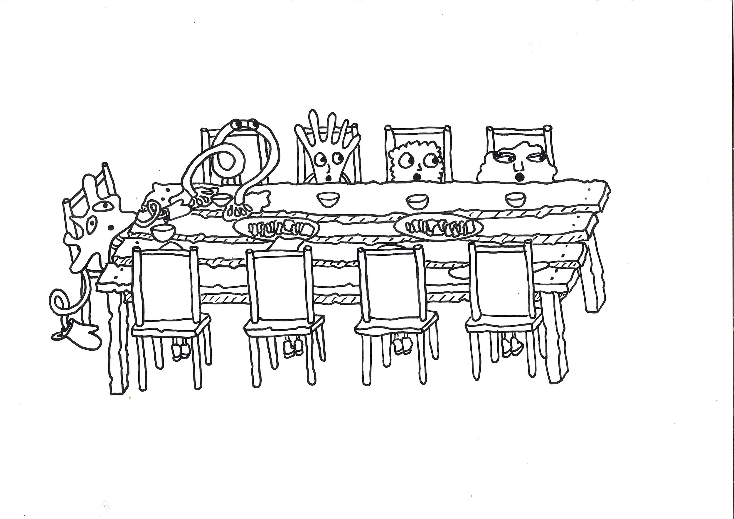 Colouring sheet of various monsters sitting at a large wooden table with 9 chairs around, looking over at something with surprised looks on their faces. There are bowls on the table and a plate of sliced bread.