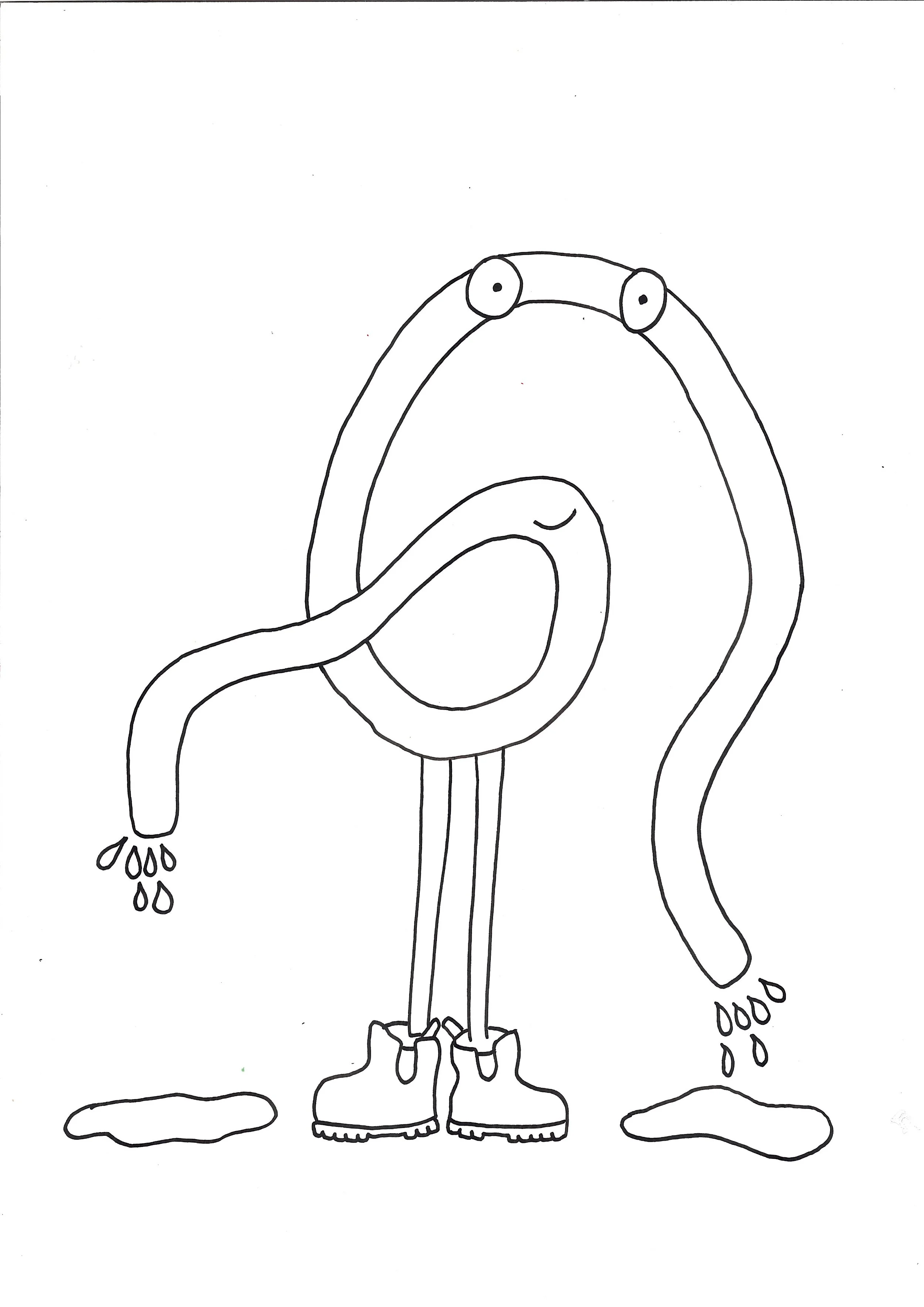 A colouring sheet for a cartoon character resembling a hose and his hands are made of water so he is wearing gumboots and is happy.