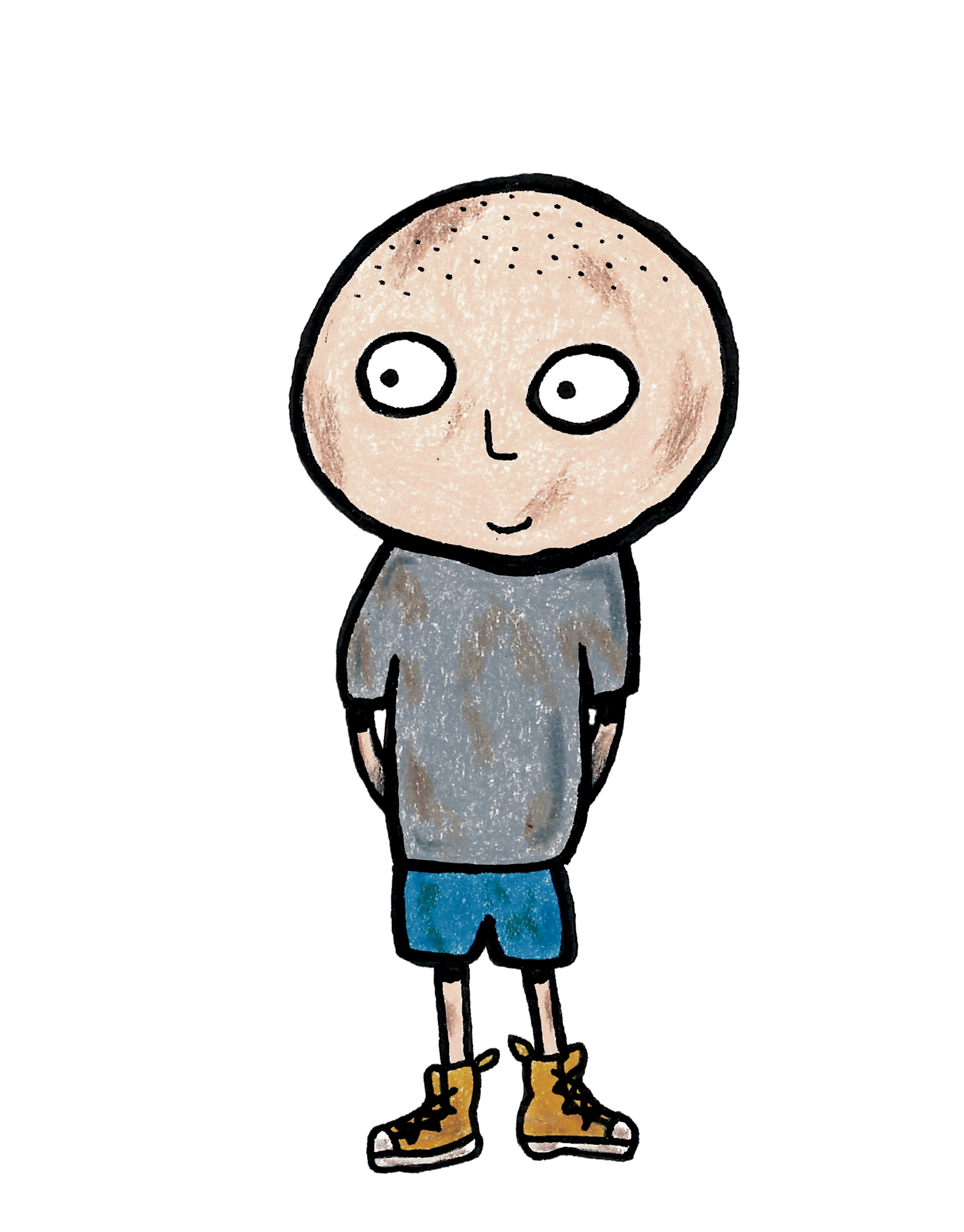 A cartoon illustration created with coloured pencil (prismacolor) and paint pens (posca). He is bald, smiling, a bit deranged looking, and has his hands behind his back. He wears a grey t-shirt and blue shorts and brown converse style shoes.