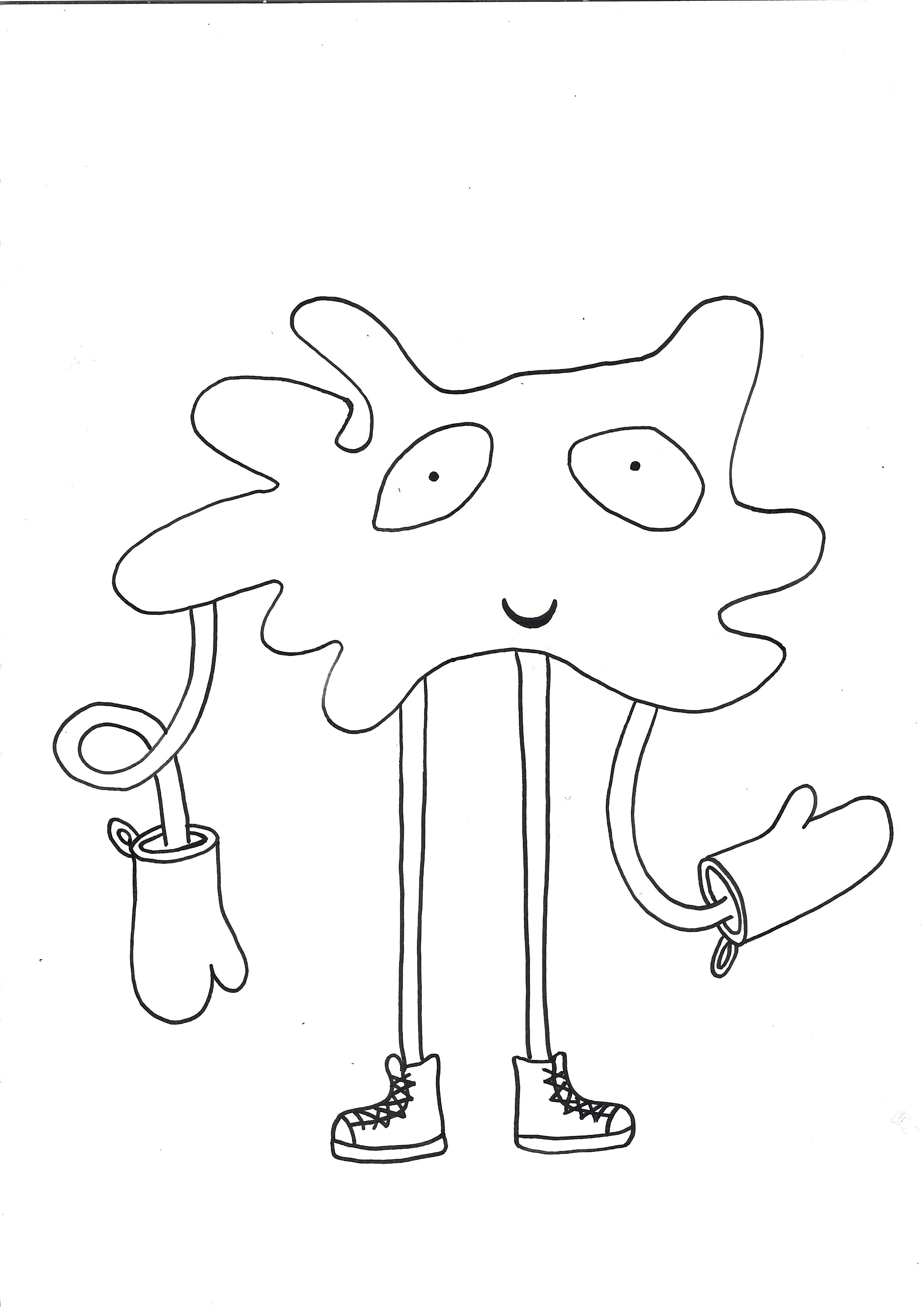 A colouring sheet for a cartoon character blob wearing sneakers and he is happy because his hands are made of oven mitts.