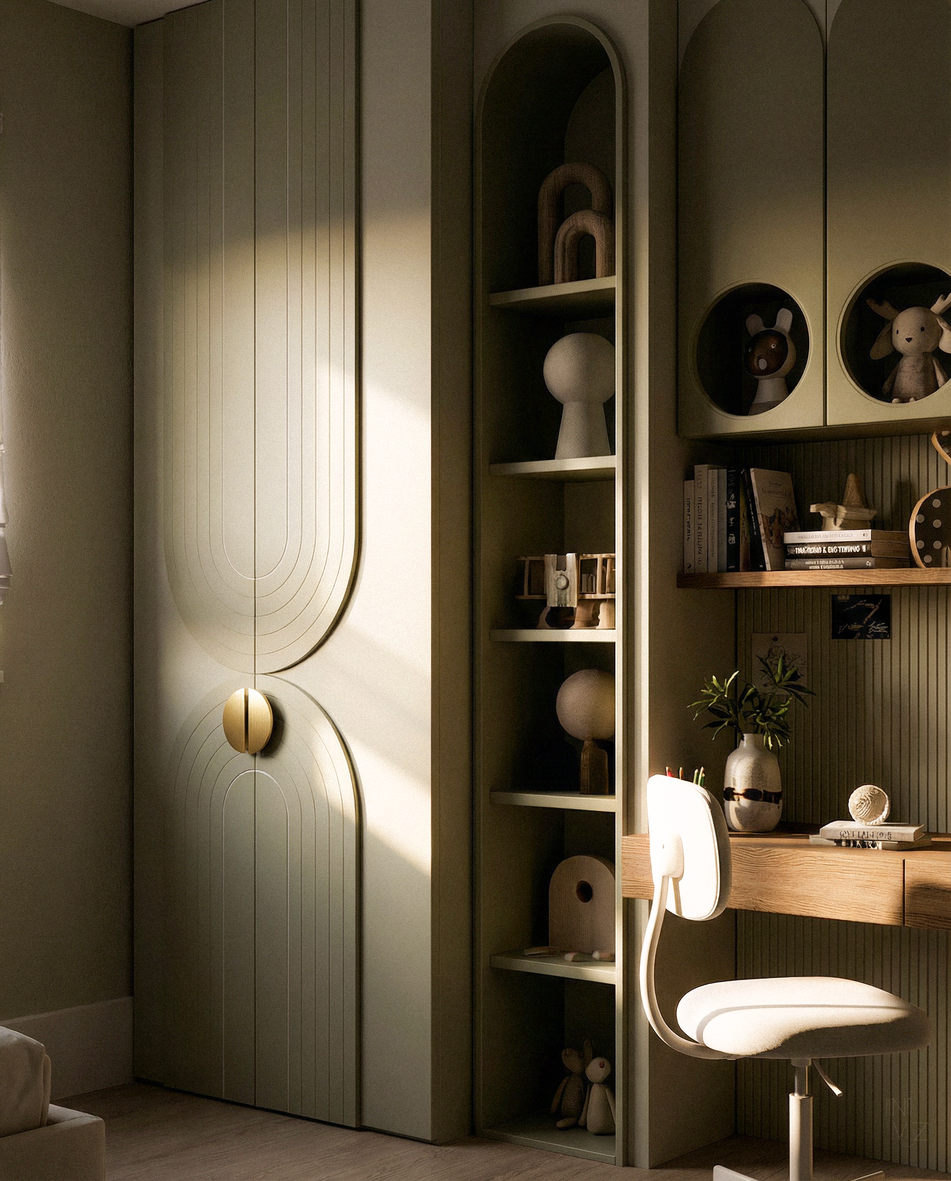 Corner of a room with a closed cream-colored wardrobe with gold handles, a tall open shelf with decorative items, and a desk with a white chair, potted plant, and books.