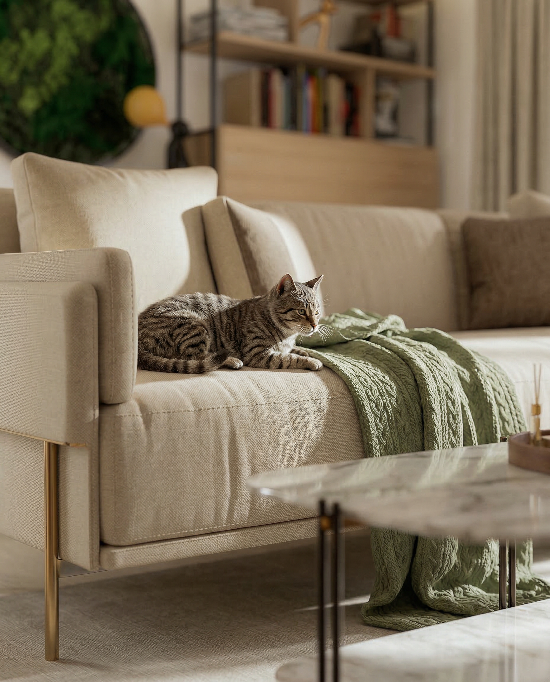 A tabby cat lying on a beige sofa in a cozy living room with a green throw blanket, a marble coffee table, a bookshelf, and warm lighting.