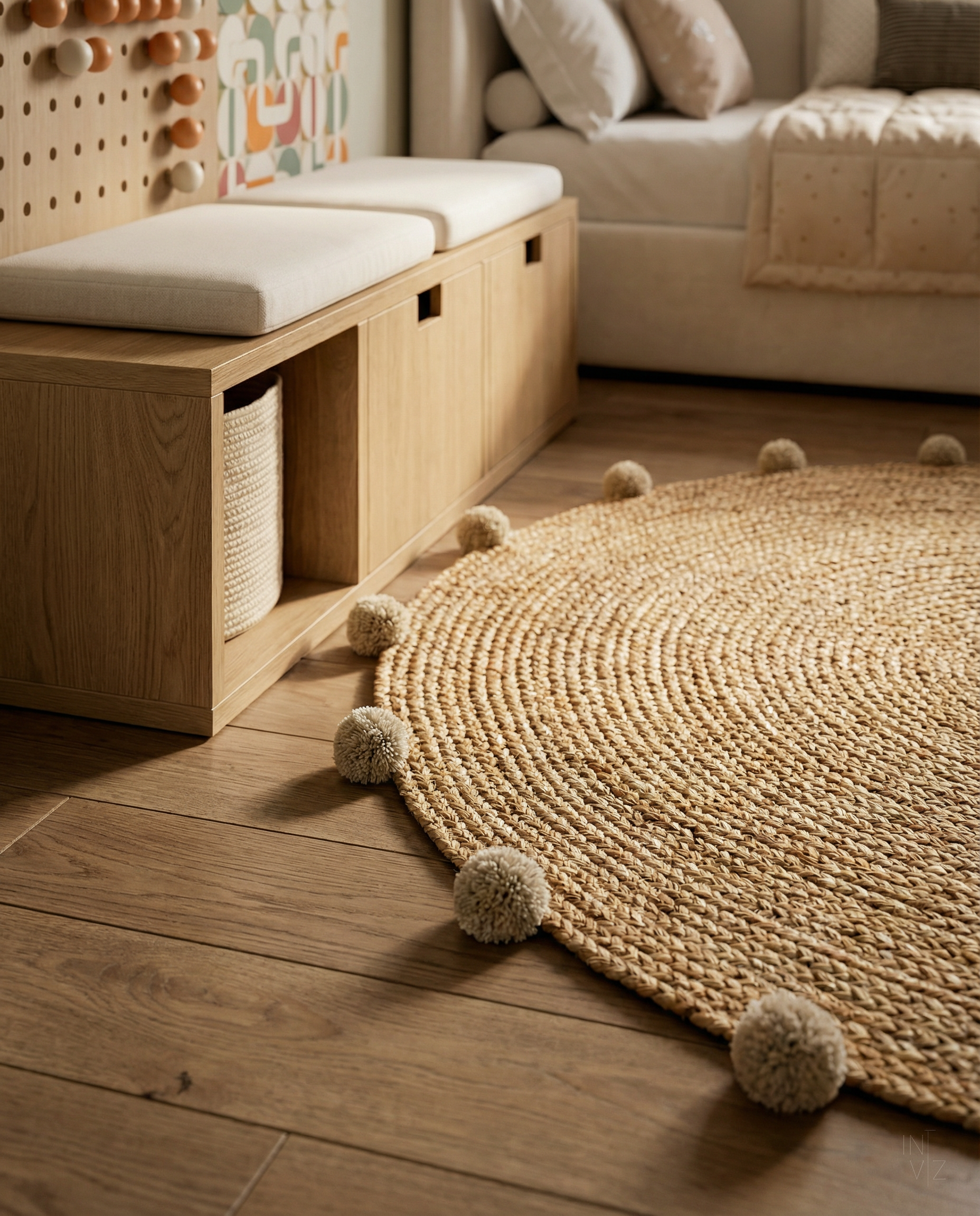 Close-up of a round woven jute rug with pom-pom trim on a wooden floor, next to a light wood storage bench with cushioned seats, in a cozy bedroom or living space.