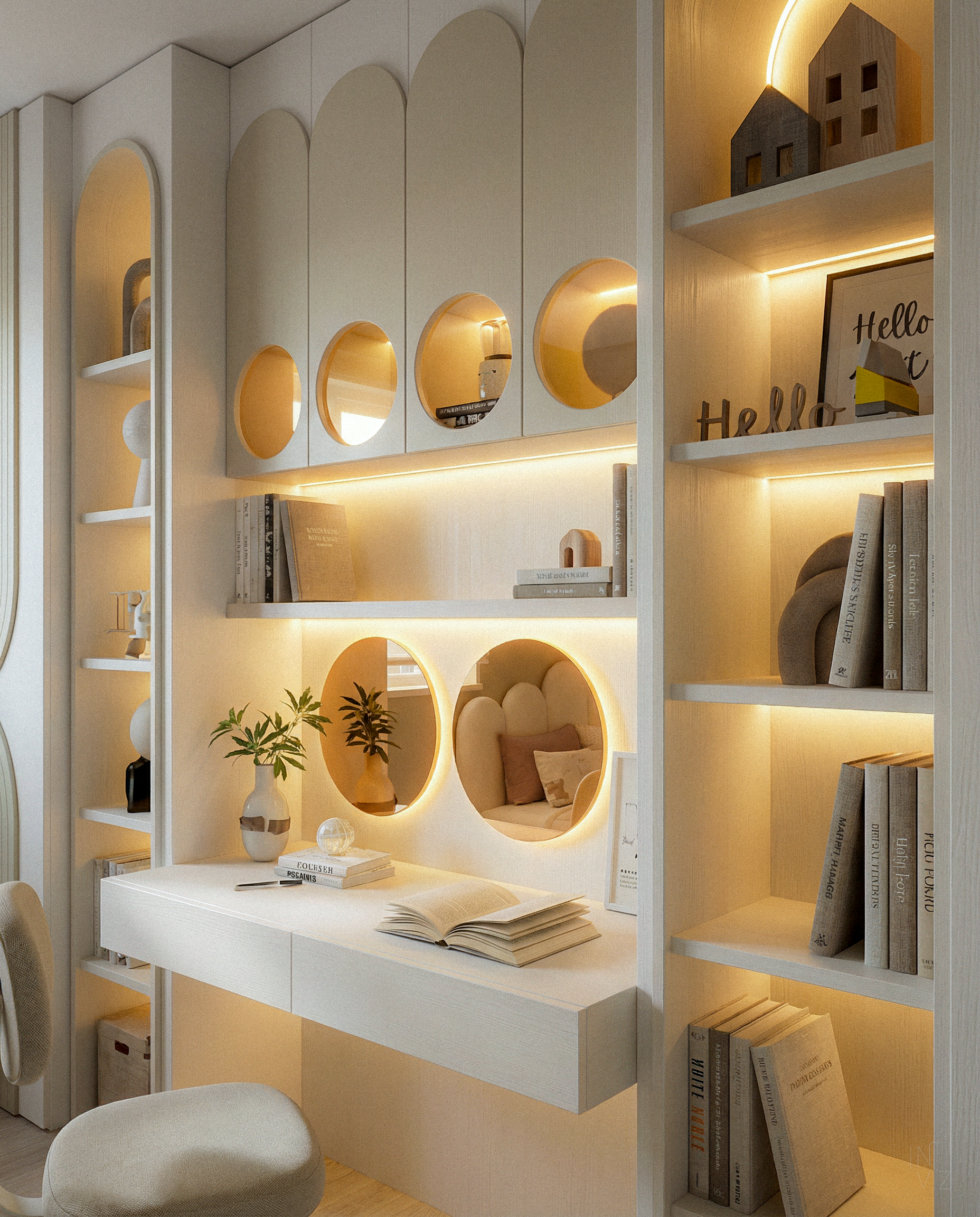 Modern built-in bookshelf and desk combination with decorative items and books, featuring circular cutout mirrors and warm LED lighting.