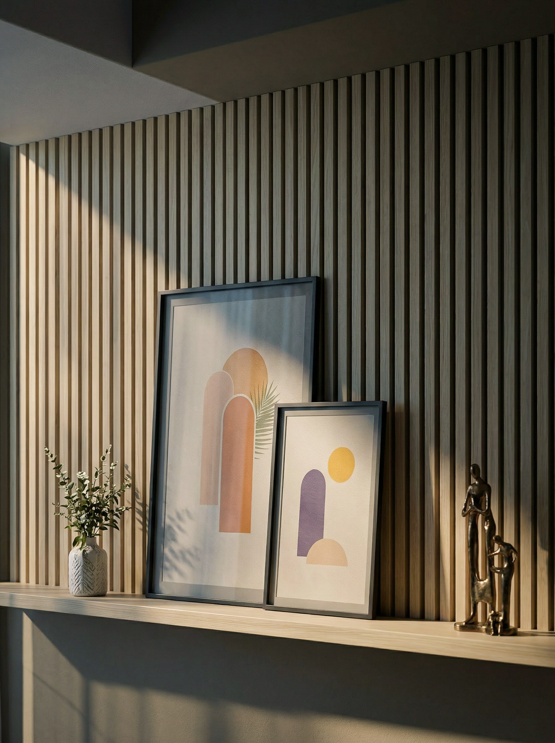 Decorative interior with two framed abstract art prints, a small vase with green foliage, and a metallic sculpture of two human figures in front of a wooden slat wall, illuminated by warm sunlight.
