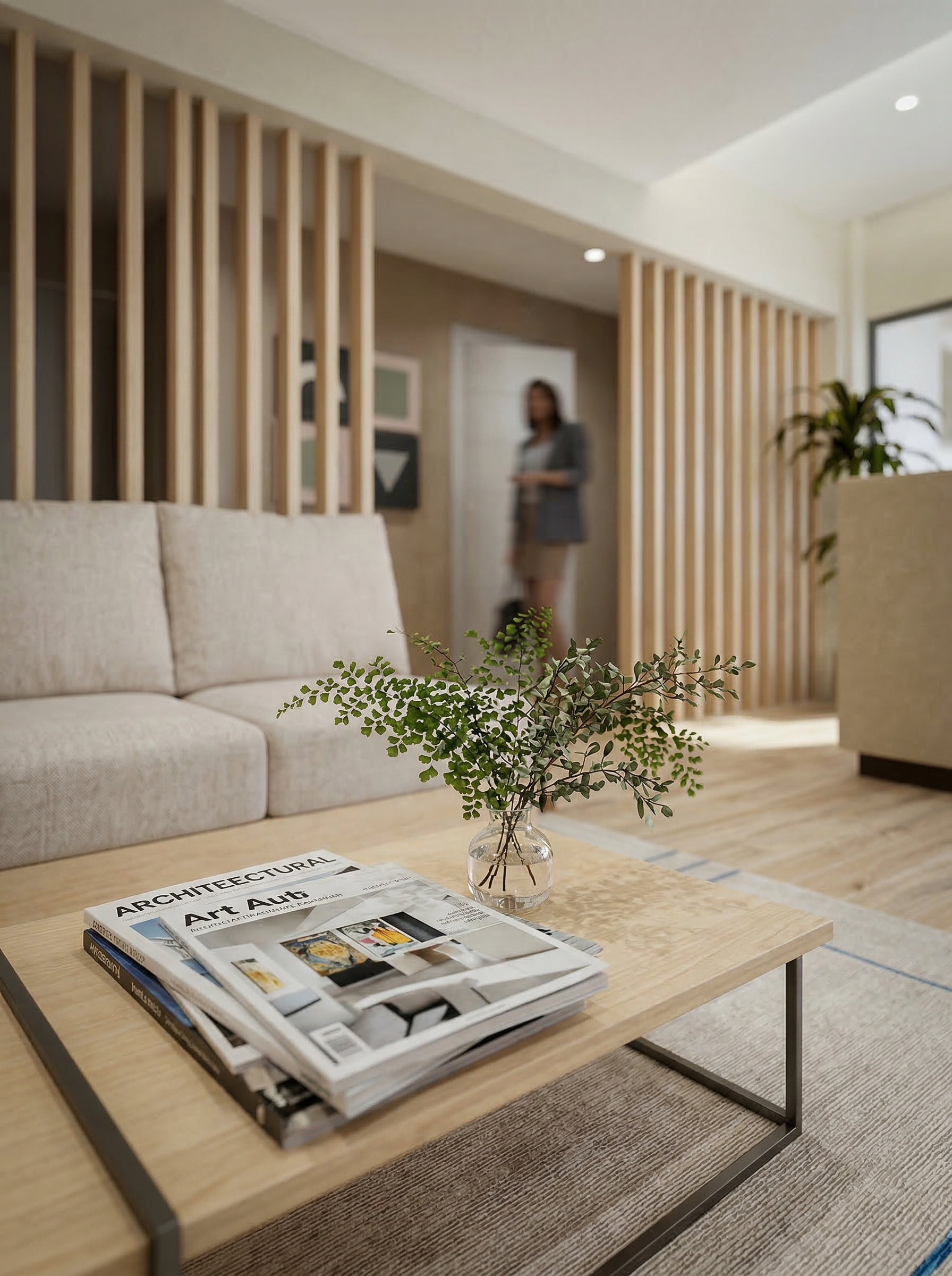 Living room with beige sofa, wooden coffee table with magazines and a small glass vase with green foliage, wooden paneling, and a woman standing in the background near the door.