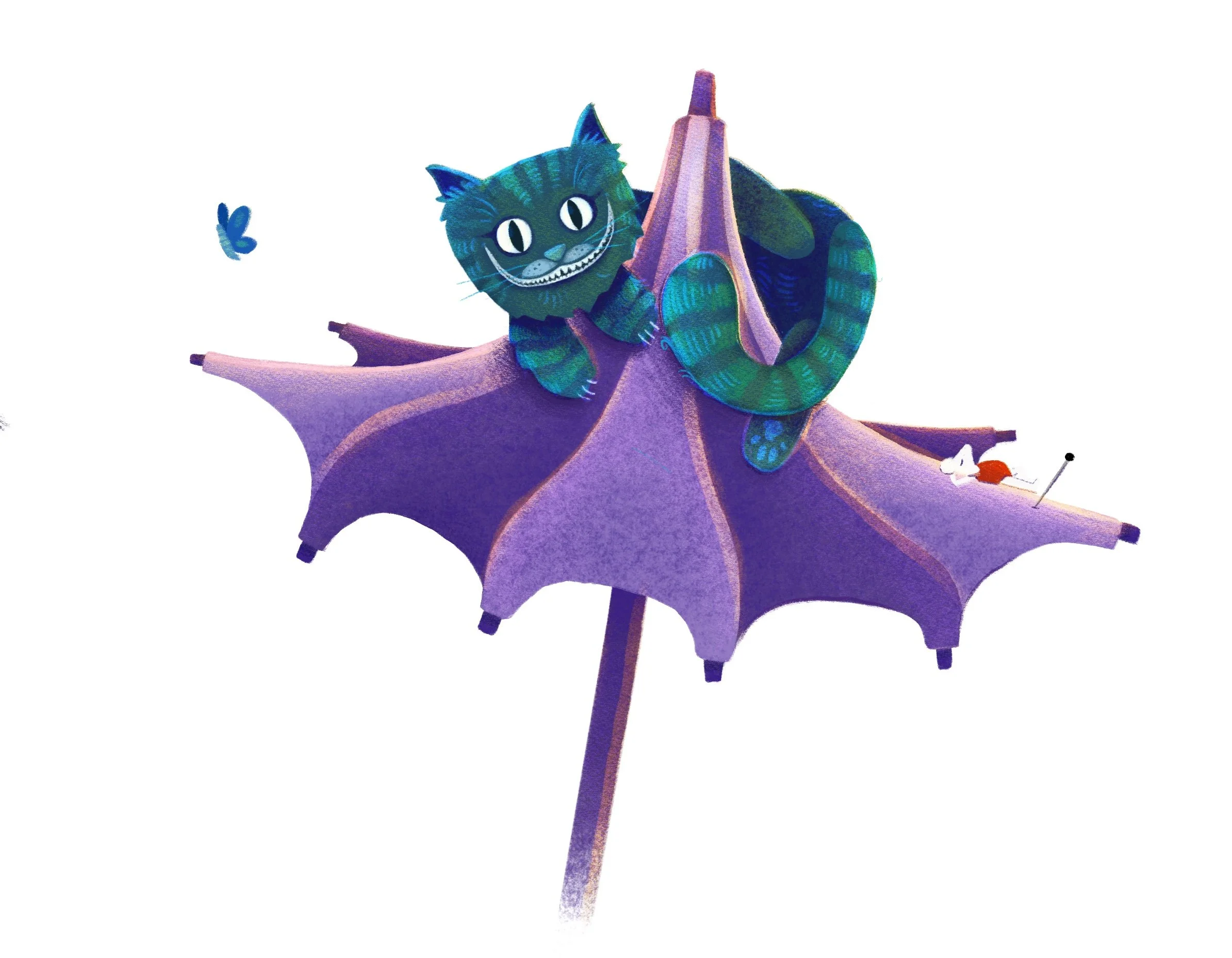 Ein blau-grün getigerter Kater auf einem lila gestreiftem Sonnenschirm. Links von ihm ein Schmetterling und rechts von ihm liegt eine Maus auf dem Schirm.