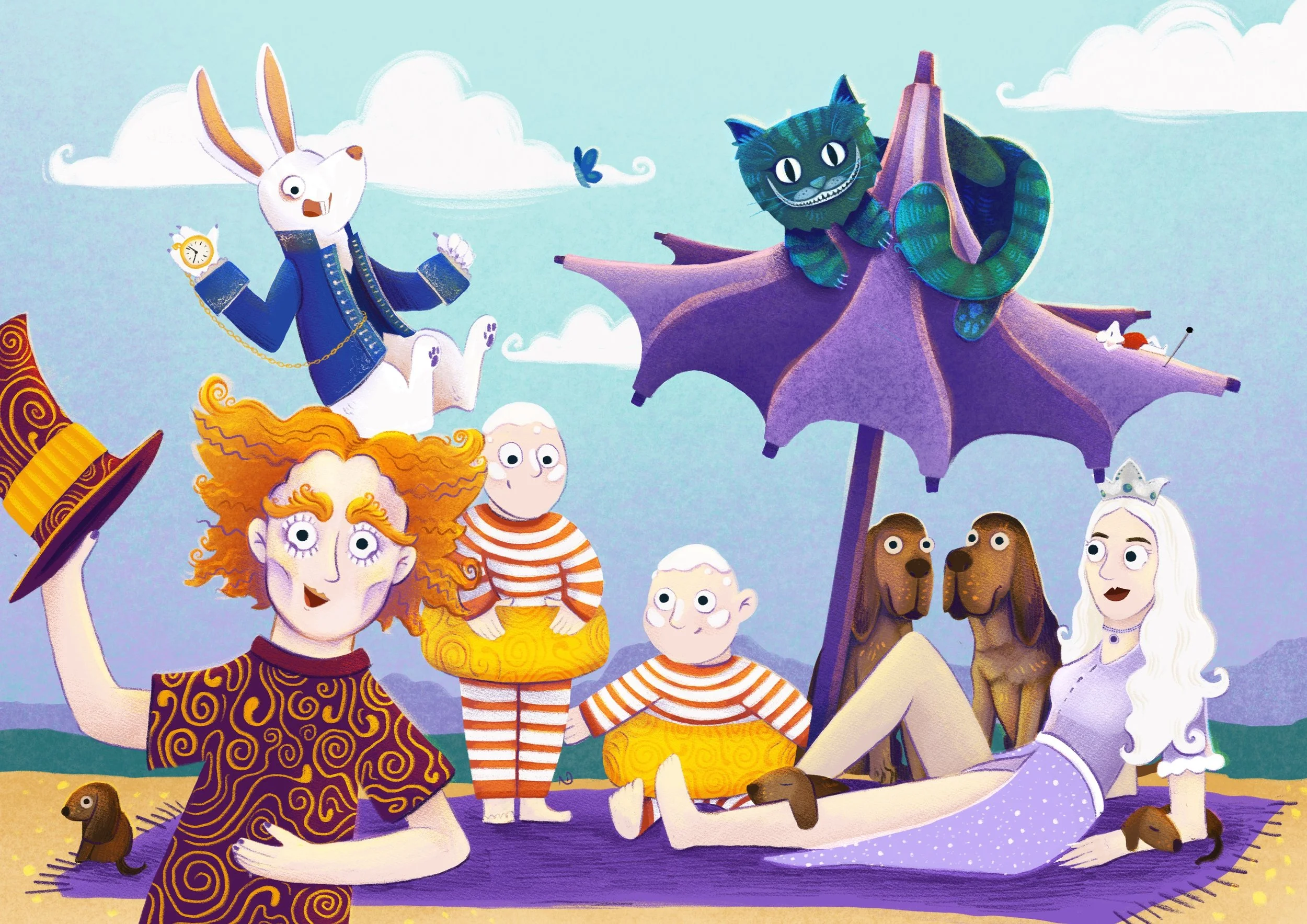 Illustration einer fantastischen Szene mit einer weißen Hasenfigur in blauer Jacke, einem Hutmacher, einer Katze auf einem Schirm, zwei Hunden, Zwillingskindern und einer blassen Frau auf einer Stranddecke.