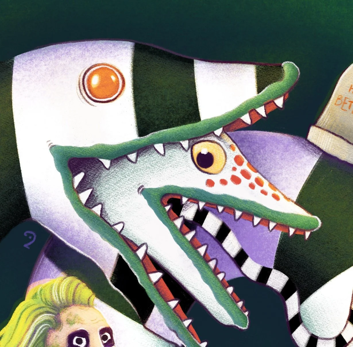 Illustration eines Wurmkopfes mit einem großen, offenen Mund, Zähnen und bunten Färbungen, umgeben von weiteren comic-artigen Elementen.