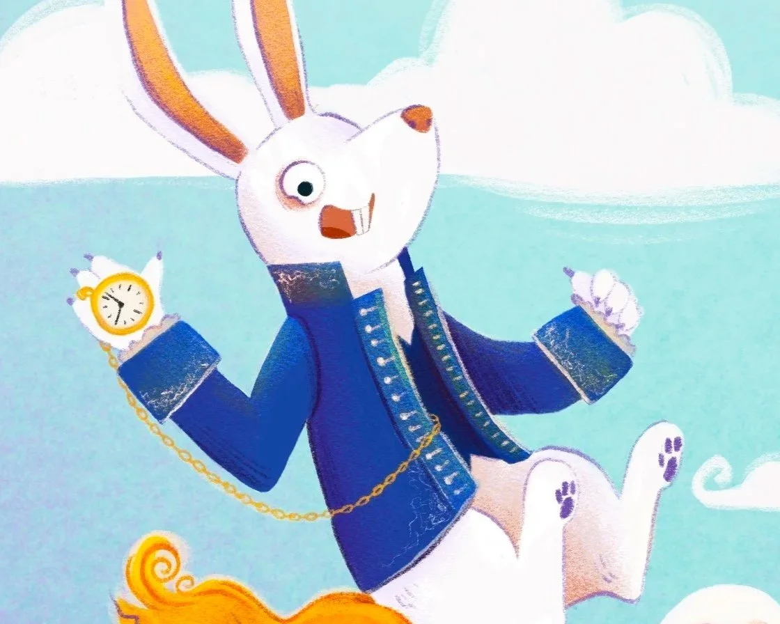 Ein Hase in blauer Jacke, der eine goldene Taschenuhr hält, sitzt auf einem Kopf.