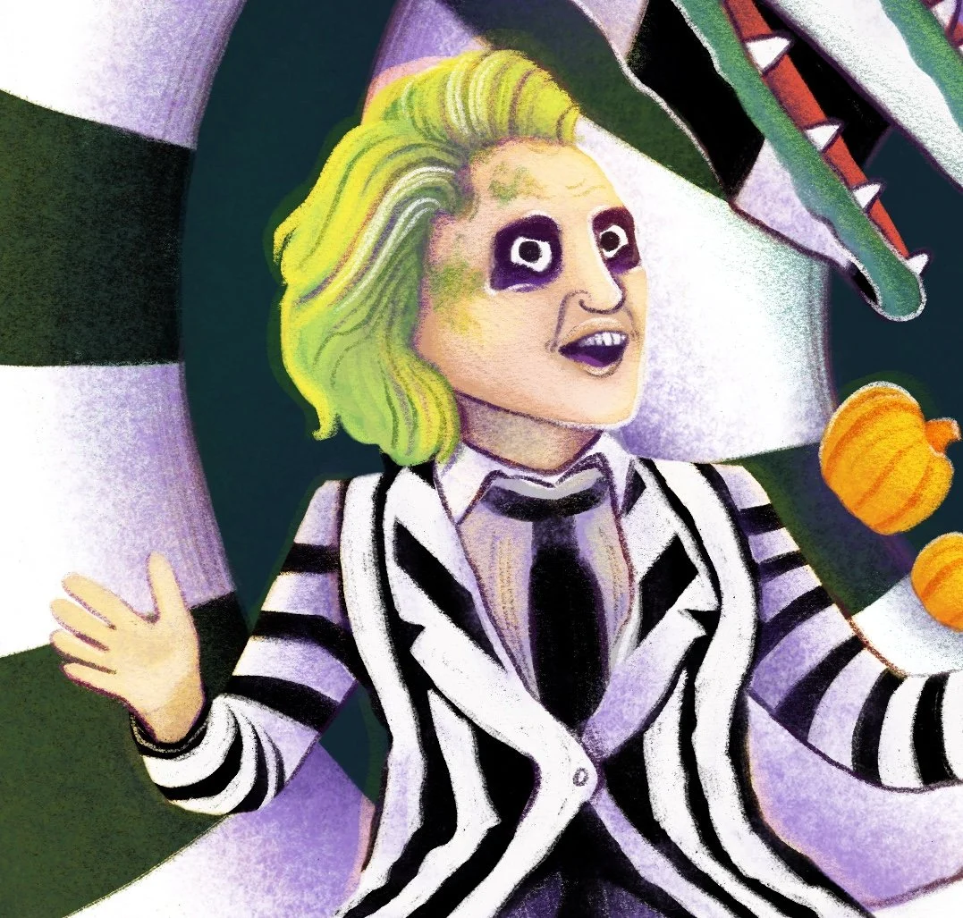 Zeichnung eines Mannes mit grün gehaltenem Haar in einem schwarz-weiß gestreiften Anzug.