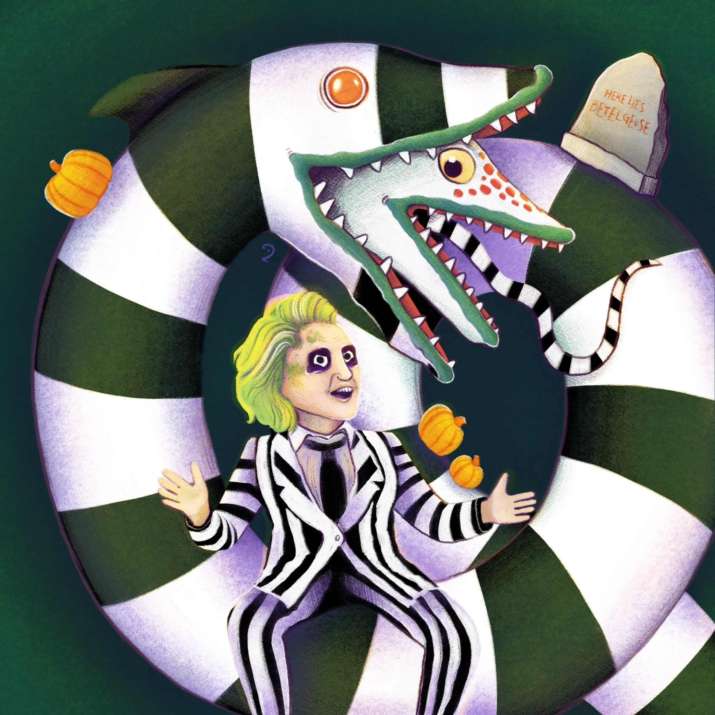 Ei mit schwarzen und weißen Streifen, darin eine Figur mit grüner und gelber Haarfarbe,, in einem schwarzen und weißen gestreiften Anzug, sitzt auf dem Wurm und hat die Arme ausgebreitet. ein Grabstein: Here lies Betelgeuse