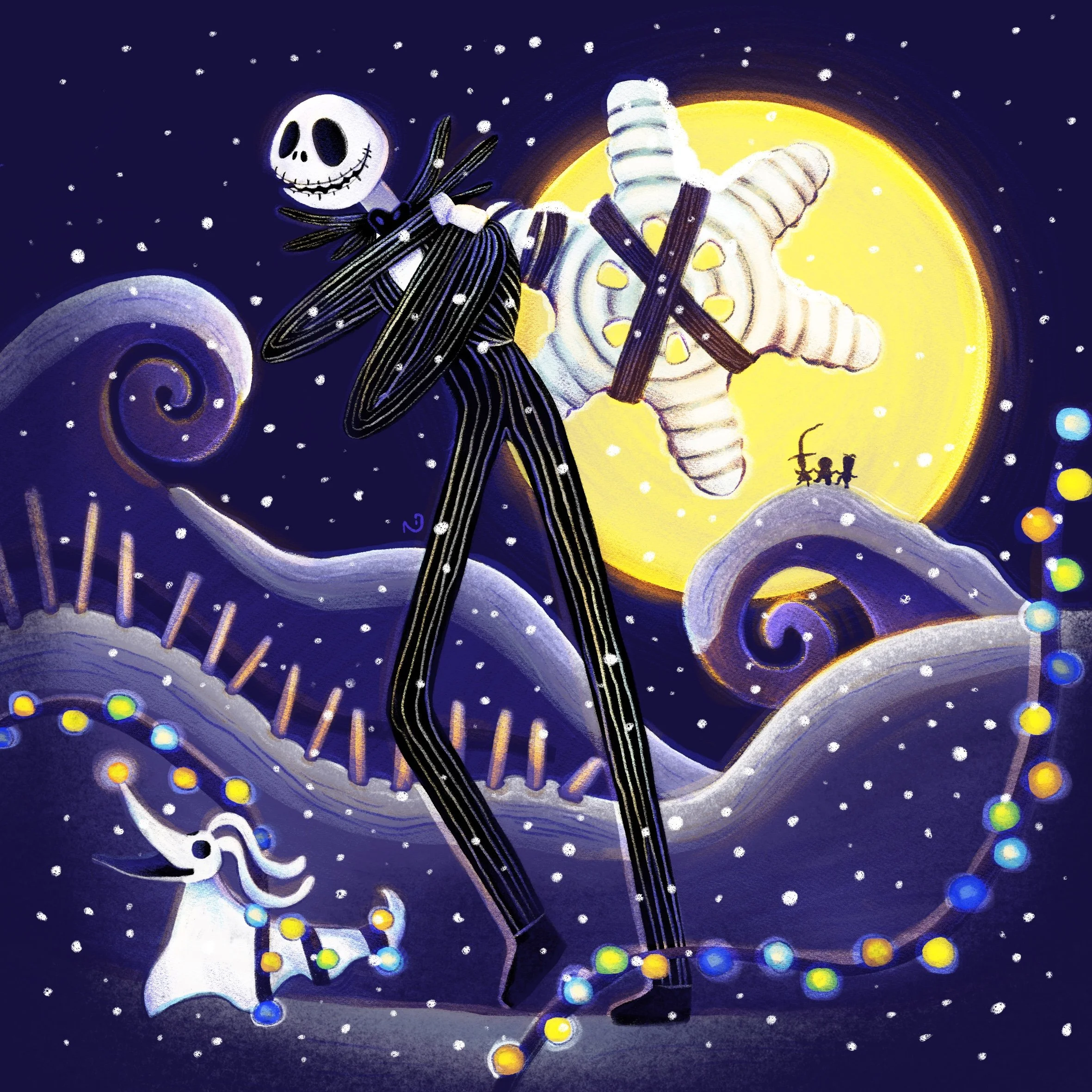 Ein Skelett in schwarzem Streifen-Anzug, der durch eine verschneite Landschaft läuft, umgeben von Lichterketten, vor einem vollmondhellen Nachthimmel.