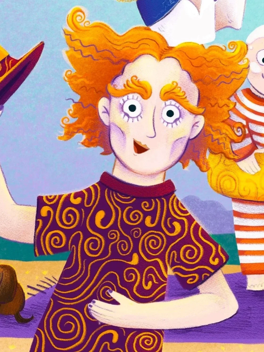 Illustration eines Hufmachers mit lockigem roten Haar, der einen verschnörkelten Overall trägt und eine verbeugende Geste macht.