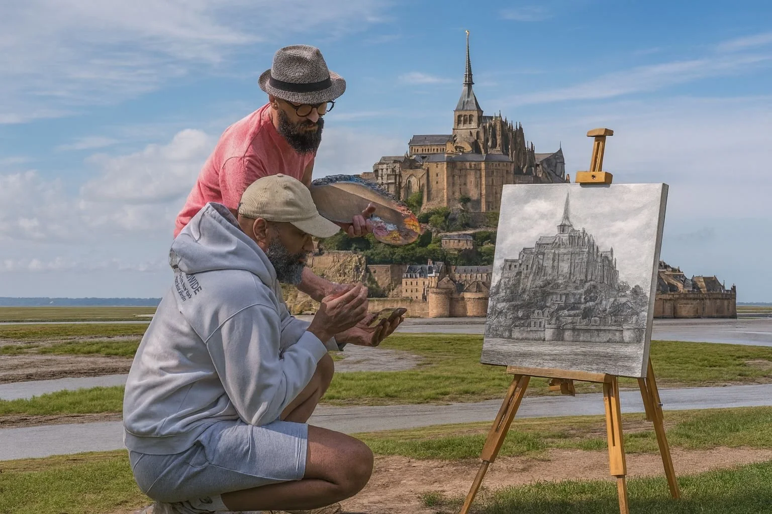 Élèves en plein air découvrant les techniques de dessin et peinture au bord de mer avec Edgar Saillen, un atelier entre rigueur et poésie.