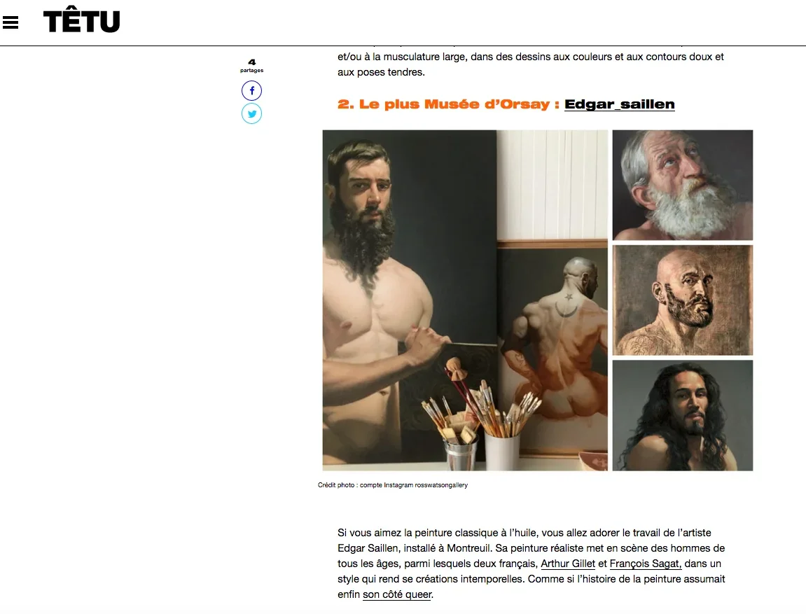 article de presse magazine Têtu sur les portraits et nus d'après modèle d'Edgar Saillen portraitiste à Montreuil région Parisienne
