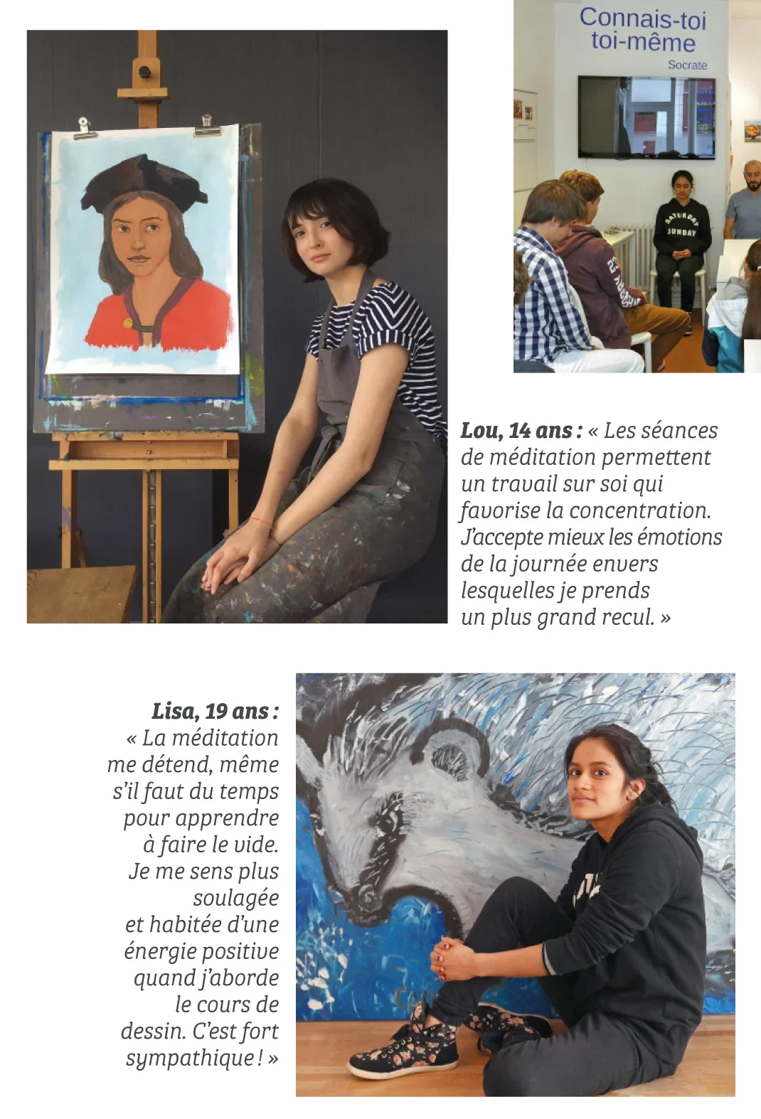 Élève de l’Atelier Edgar Saillen partageant son témoignage après un cours de peinture à Montreuil, près de Vincennes.