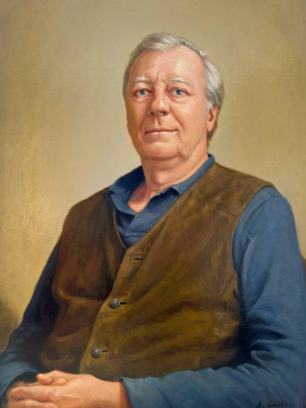 Portrait d’artiste réalisé à l’huile par Edgar Saillen, un travail de commande inspiré des techniques de musée.