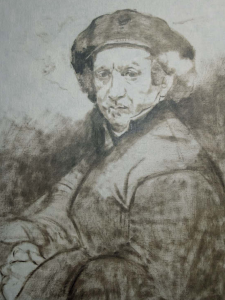 Étude préparatoire d’Edgar Saillen, esquisse d’un portrait de Rembrandt au Louvre, travail de copiste sur les bases du dessin et des ombres.