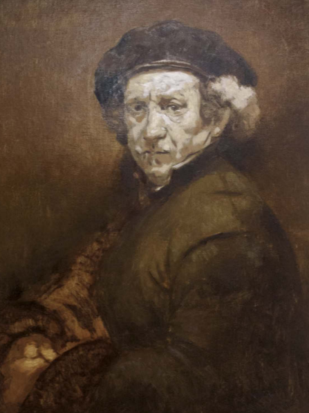 Première mise en couleur par Edgar Saillen, copiste au Louvre, portrait en clair-obscur inspiré de Rembrandt, construction des volumes et de la lumière.