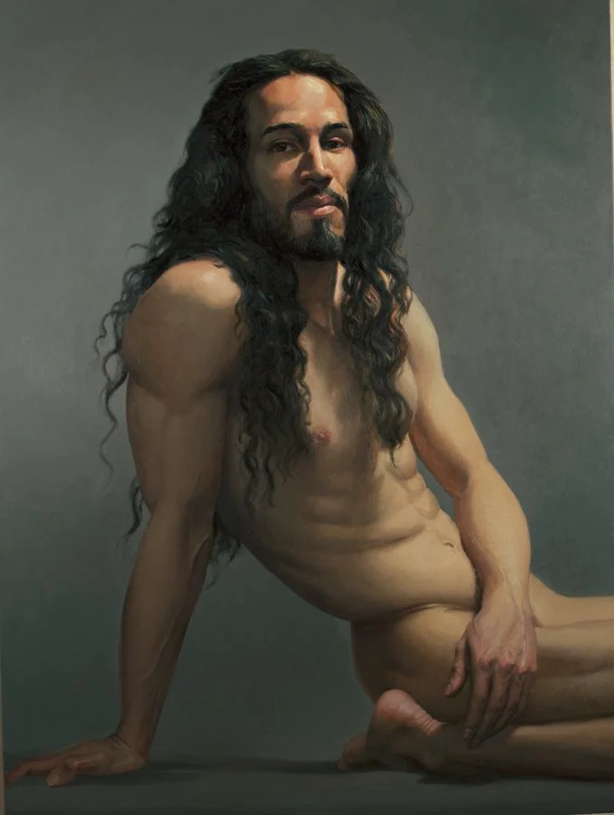 Portrait peint avec précision par Edgar Saillen, inspiré des maîtres flamands, explorant lumière et transparence.