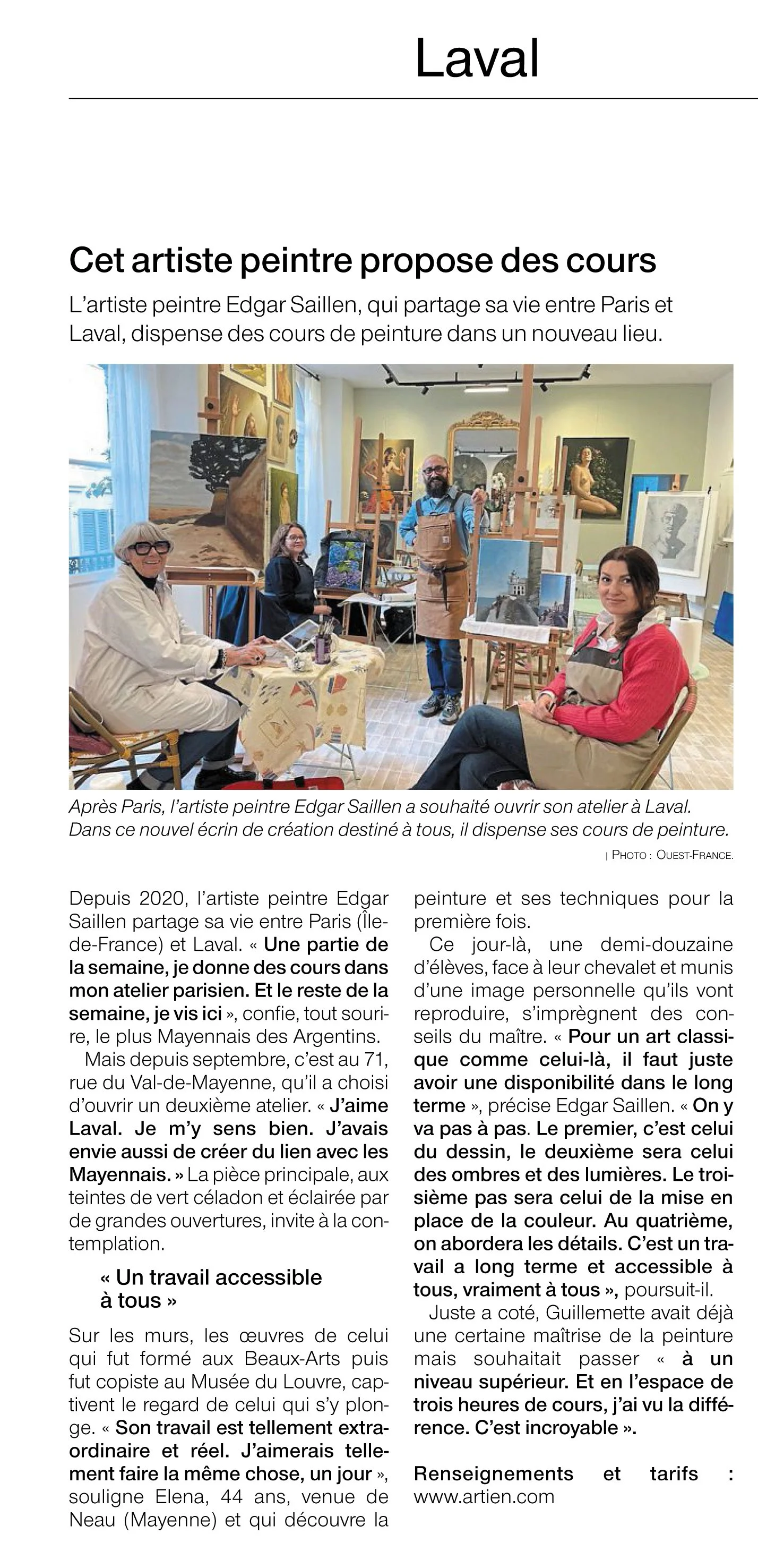 Article de presse Ouest France mayenne sur l'artiste portraitiste Edgar Saillen qui dispense des cours de dessin et peinture à Paris et à Laval
