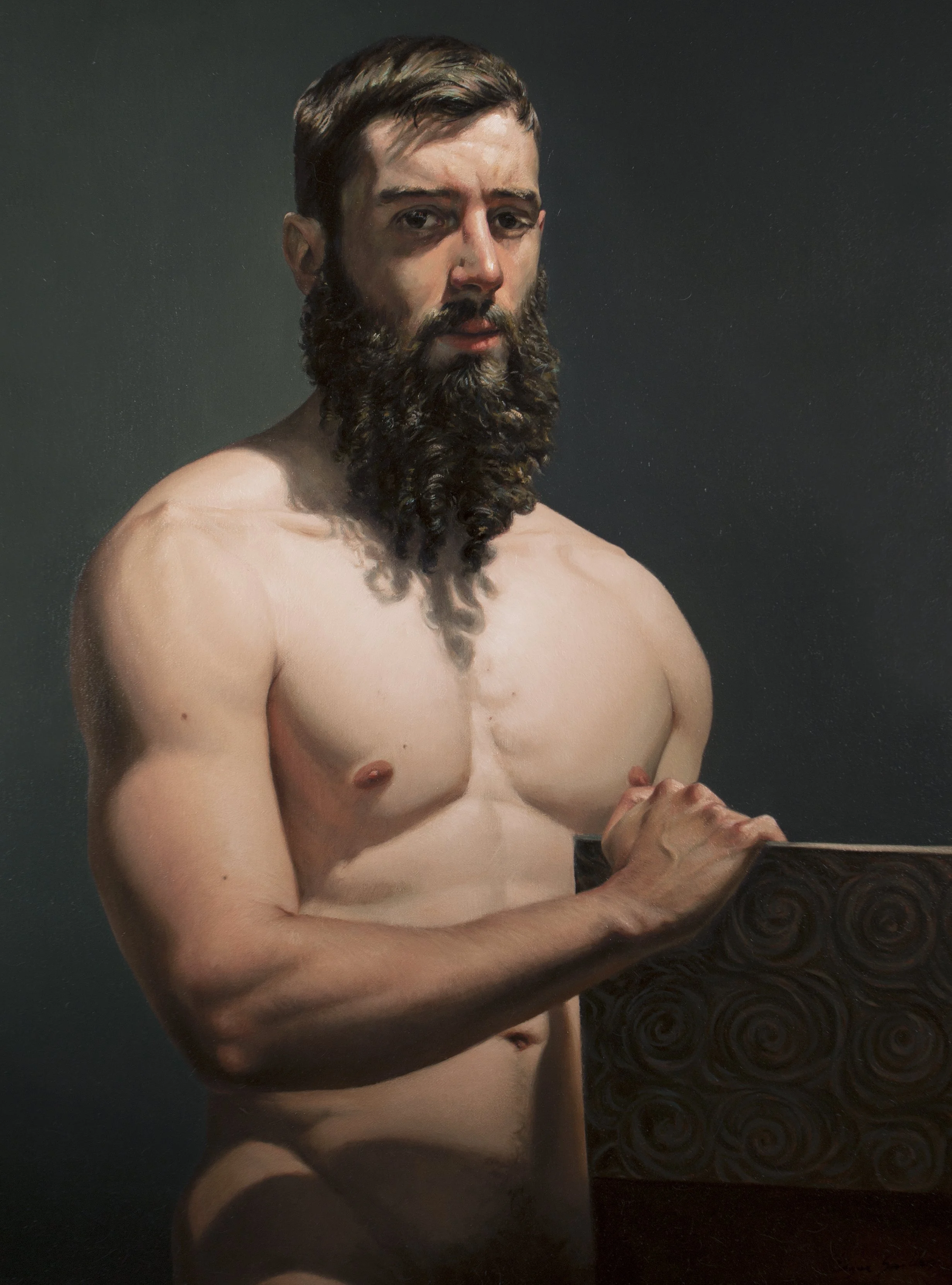 Étude de modèle vivant en clair-obscur, peinture d’atelier par Edgar Saillen, mêlant tradition classique et sensibilité contemporaine.