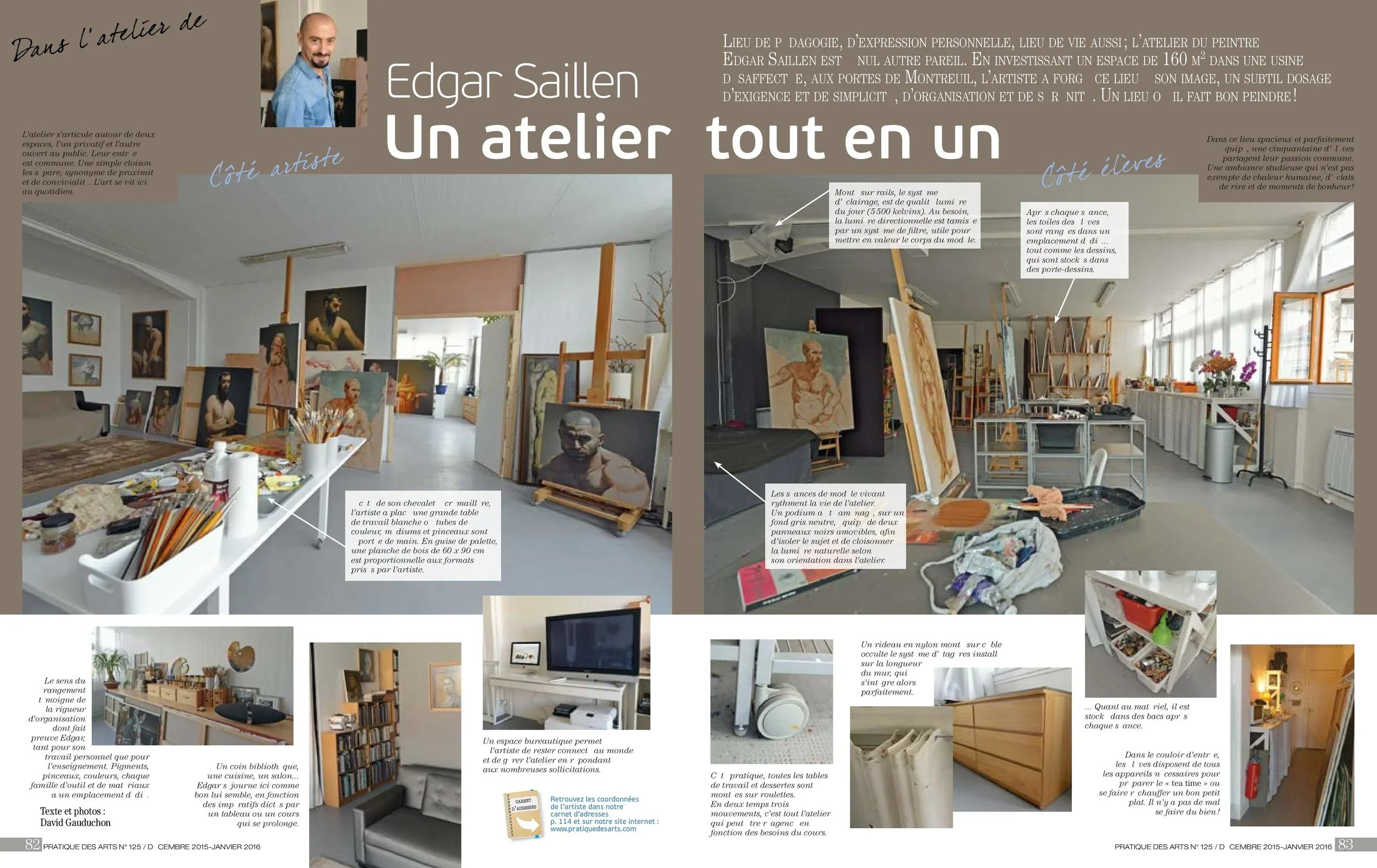L'article de presse du magazine d'art Connaissance des Arts présente l'atelier de peinture d'Edgar Saillen à Montreuil aux portes de Paris, il enseigne les techniques de la peinture à l'huile et le dessin, d'après modèle vivant et d'après photo. Il d