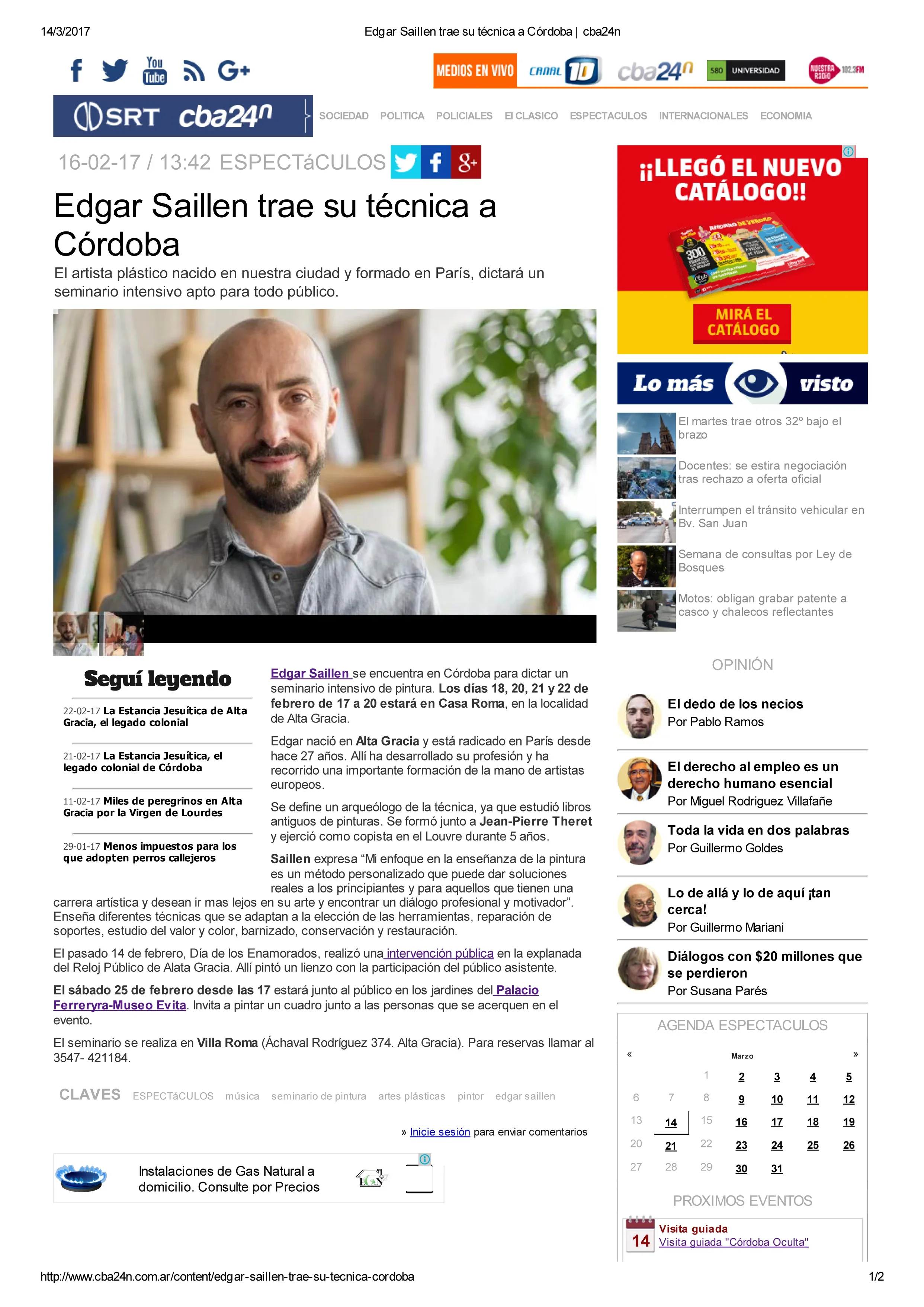 Article de presse sur l'artiste portraitiste Edgar Saillen en Argentine et ses cours de peinture à Paris Montreuil