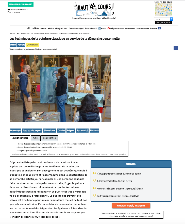 article de presse Haut les cours sur l'atelier de cours de peinture à Montreuil Paris animés par Edgar Saillen