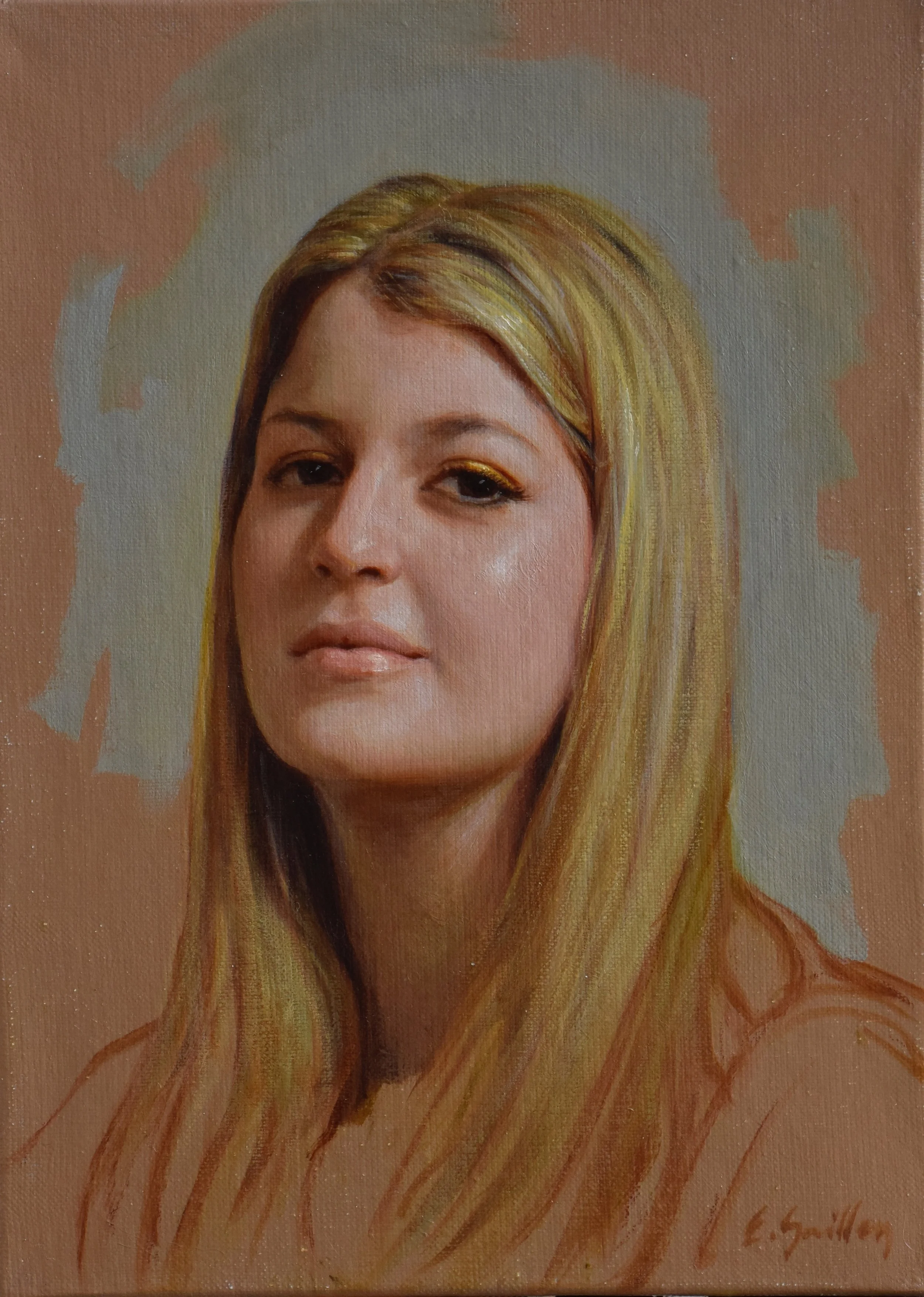 Portrait sur commande d’une jeune femme, peint à l’huile par Edgar Saillen, ancien copiste au Louvre. Un tableau d’après photo qui magnifie la lumière et perpétue la tradition des grands maîtres, offrant un style de musée au service de la mémoire fam