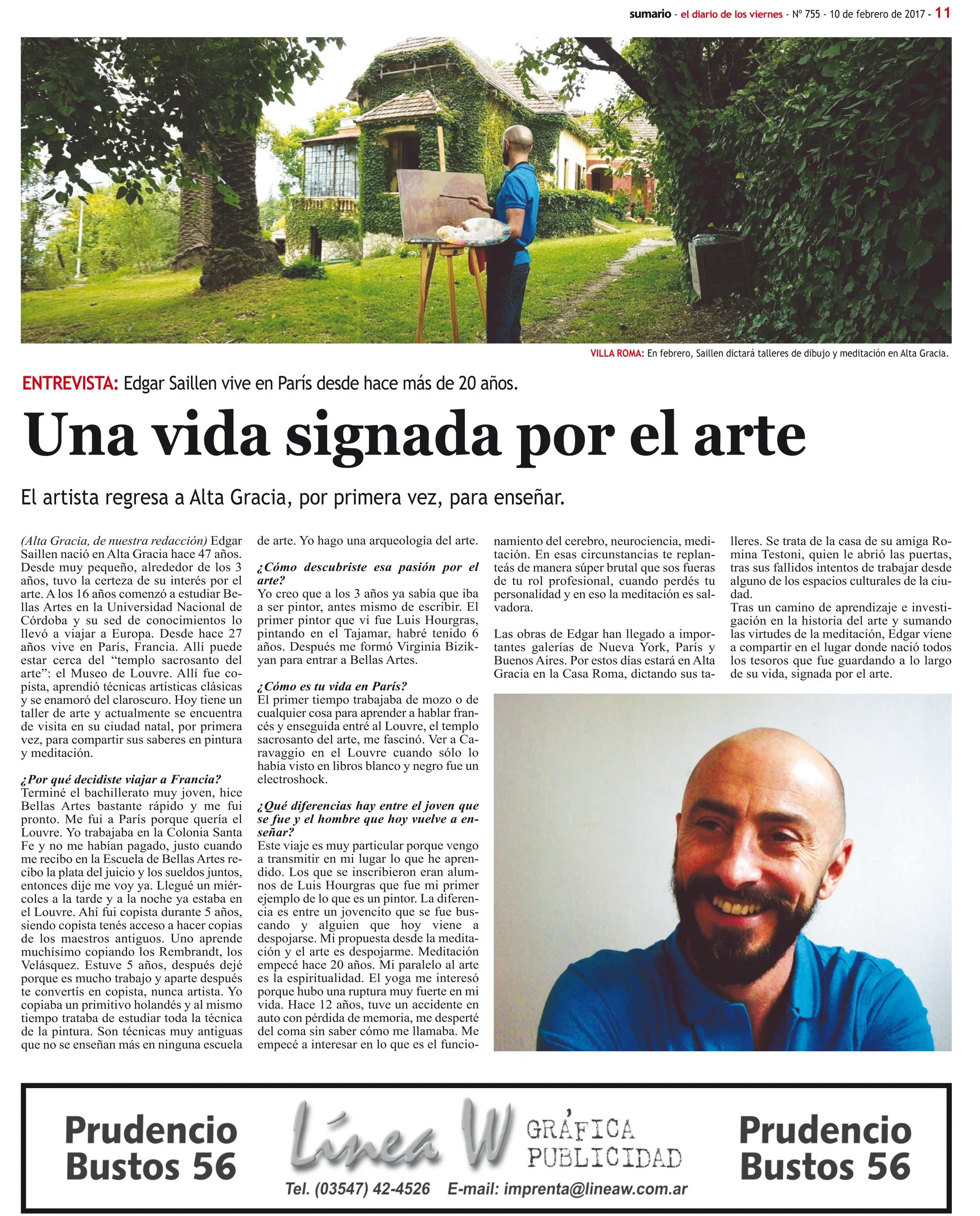 L'article de presse qui présente Edgar Saillen et son stage de peinture à l'huile et méditation en Argentine, donné à Villa Roma en Argentine