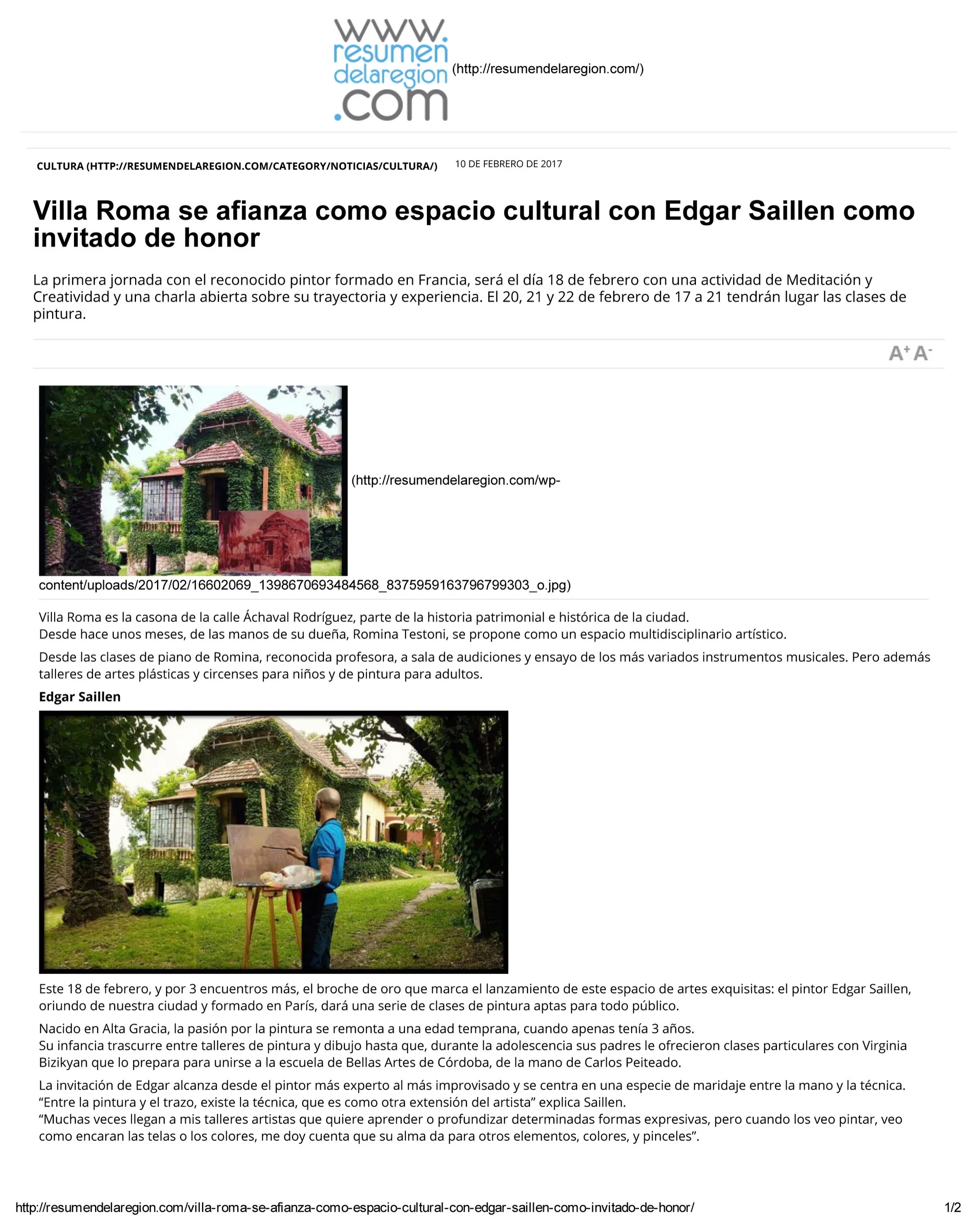 article de presse en Argentine sur le stage d'e-été de peinture et méditation animé par Edgar Saillen à Villa Roma