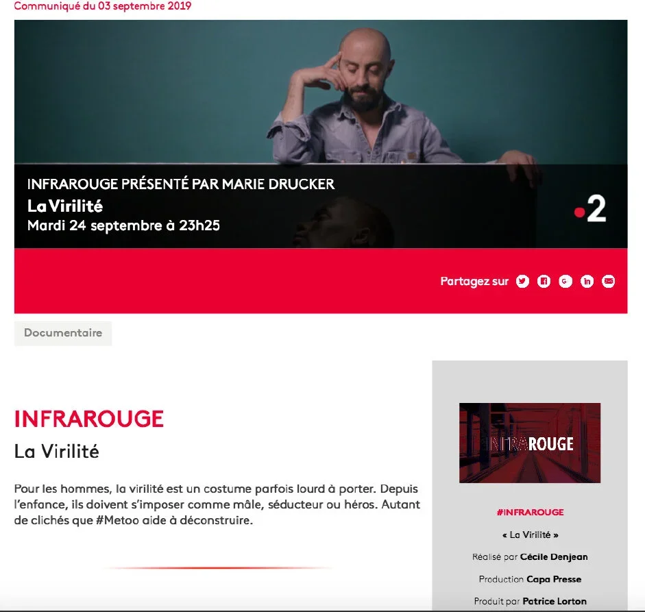 Article de presse de l'émission télé France2 Infrarouge sur le Virilité et la participation d'Edgar Saillen dans ce documentaire avec ses portraits et Nus Masculins en peinture à l'huile