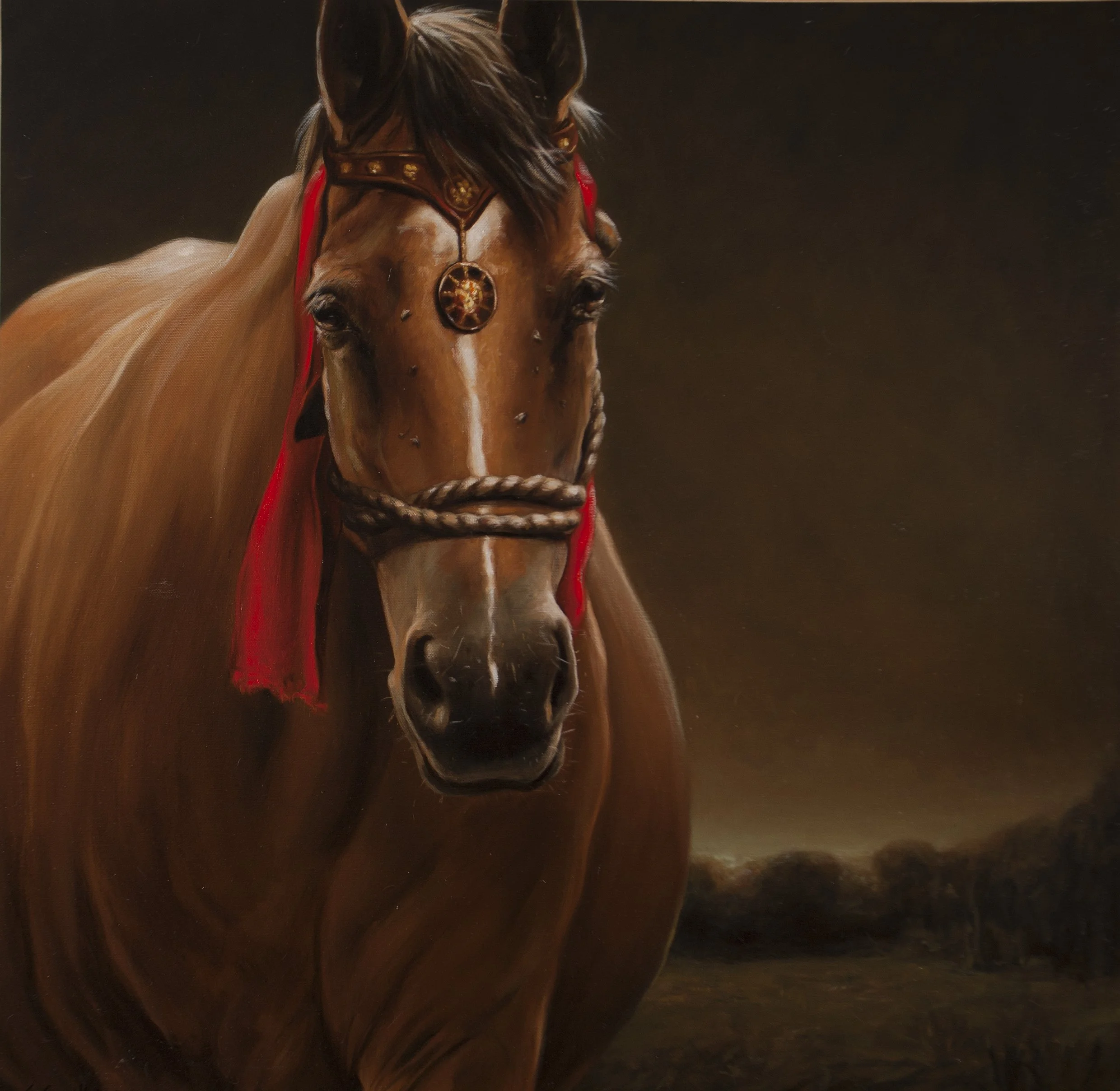 Peinture animalière par Edgar Saillen, saisissant la noblesse d’un cheval dans la tradition de George Stubbs et Rosa Bonheur.
