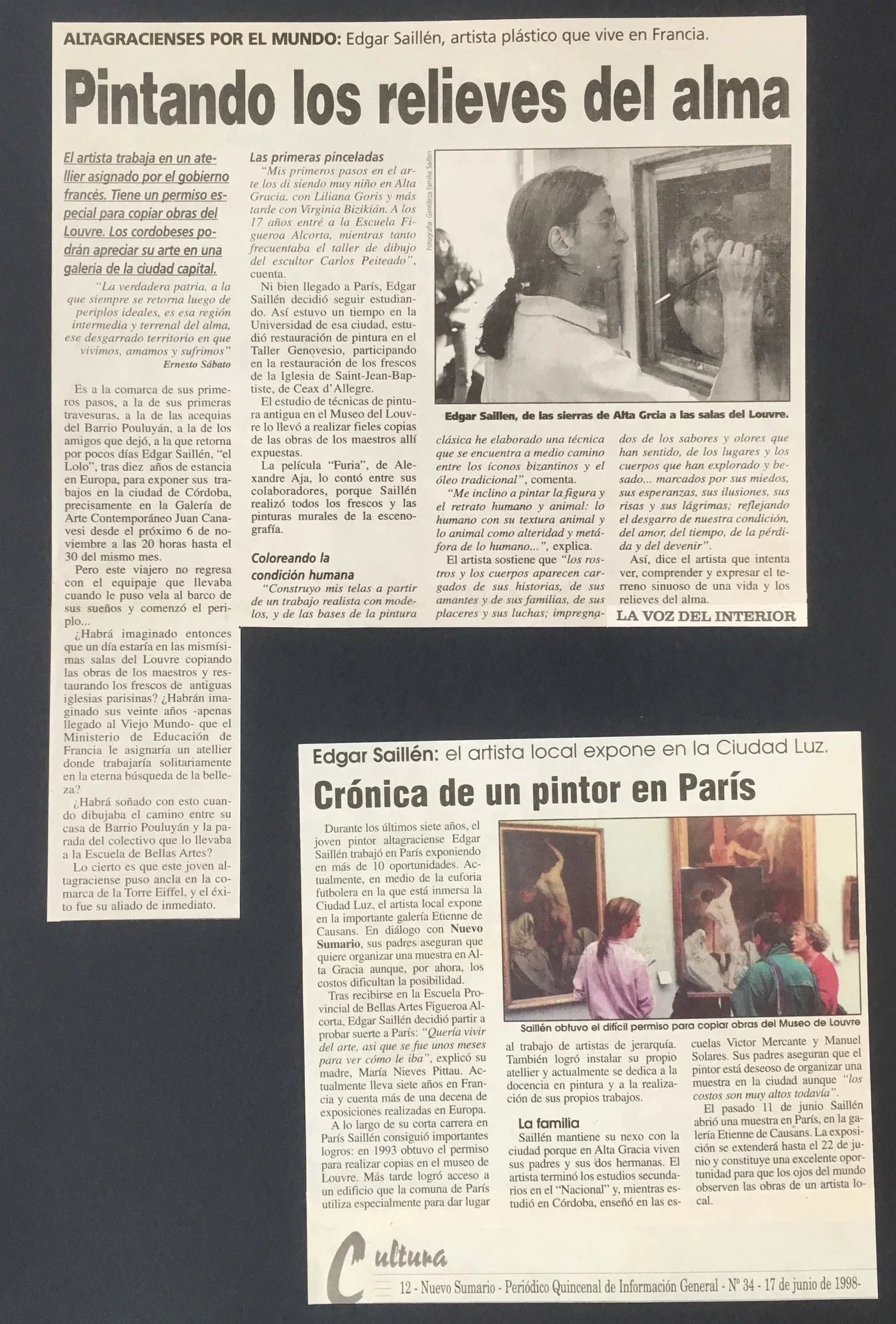 deux articles de presse en Argentine qui présentent l'artiste Edgar Saillen en tant que copiste du Musée du Louvre à Paris, il se consacre pendant six années d'étude en parallèle à ses études à l'Ecole du Louvre en copiant des maîtres anciens tels qu
