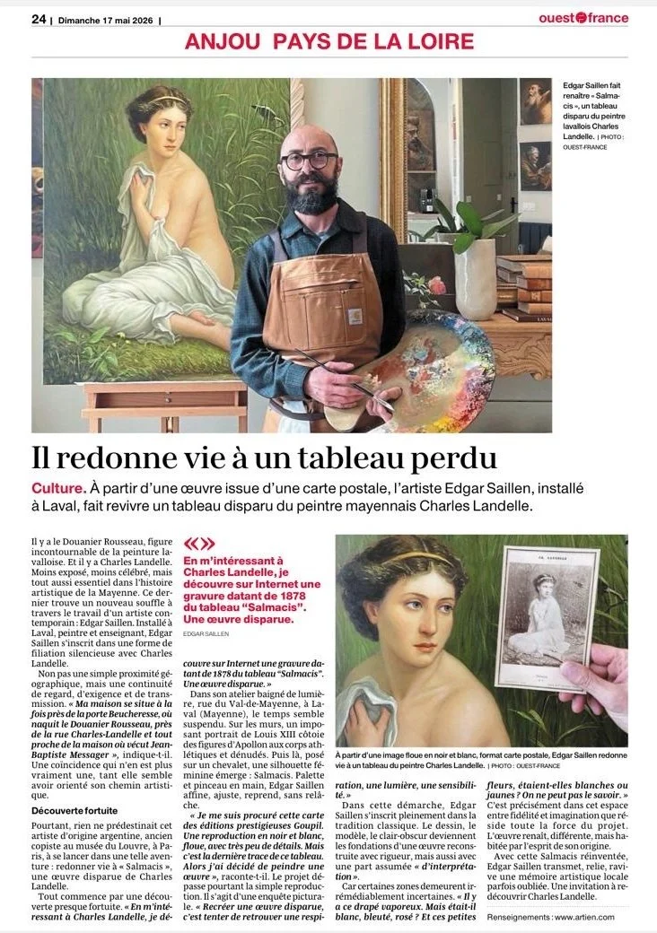 Article de presse Ouest France mayenne sur l'artiste portraitiste Edgar Saillen avec son tableau hommage à Charles Landelle