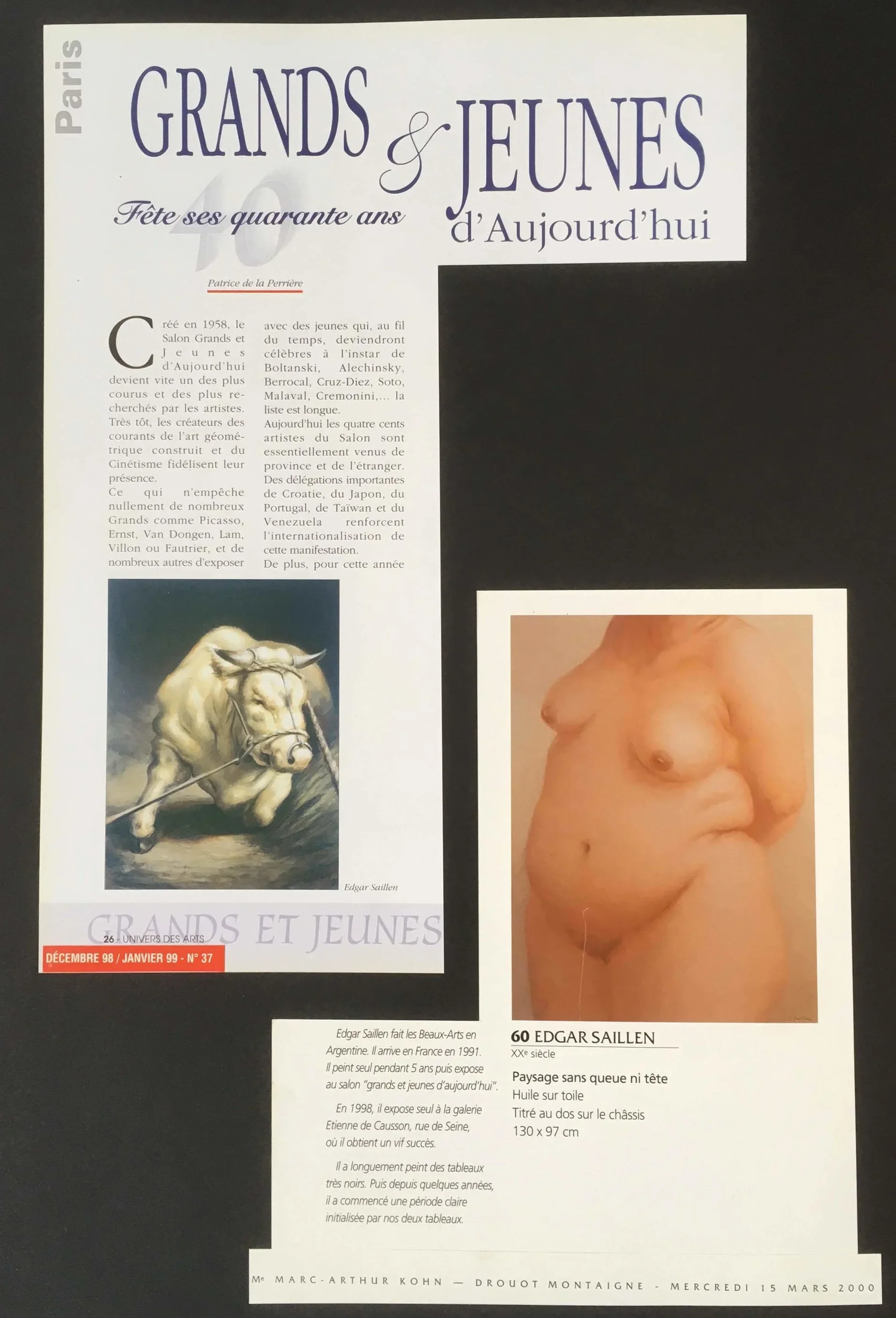 Article de presse présentant la peinture d'Edgar Saillen au Salon Grands et Jeunes d'Aujourd'hui et ses portraits d'animaux et de Nus