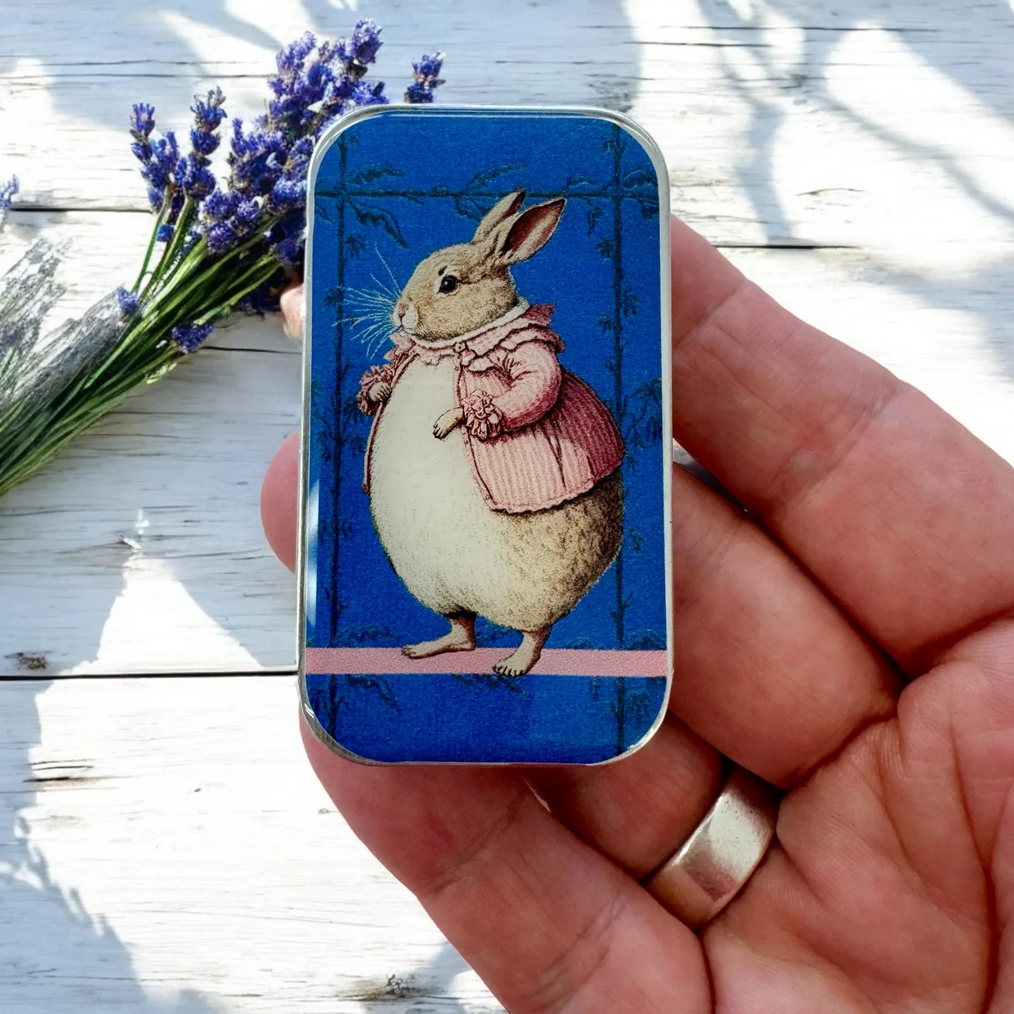Lady Bunbury Bunny Notions Tin by Firefly Notes featuring a whimsical vintage illustration of a rabbit in Victorian-style dress on a resin-topped metal tin.