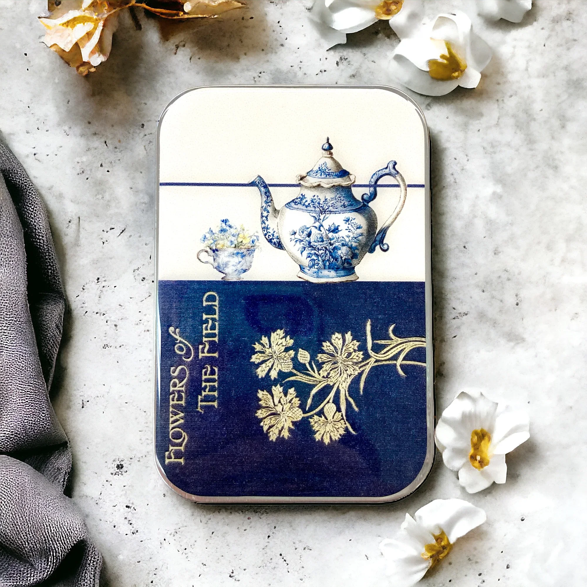 Tea Time Notions Tin by Firefly Notes featuring a vintage tea set collage on a handcrafted resin-topped sliding metal tin.