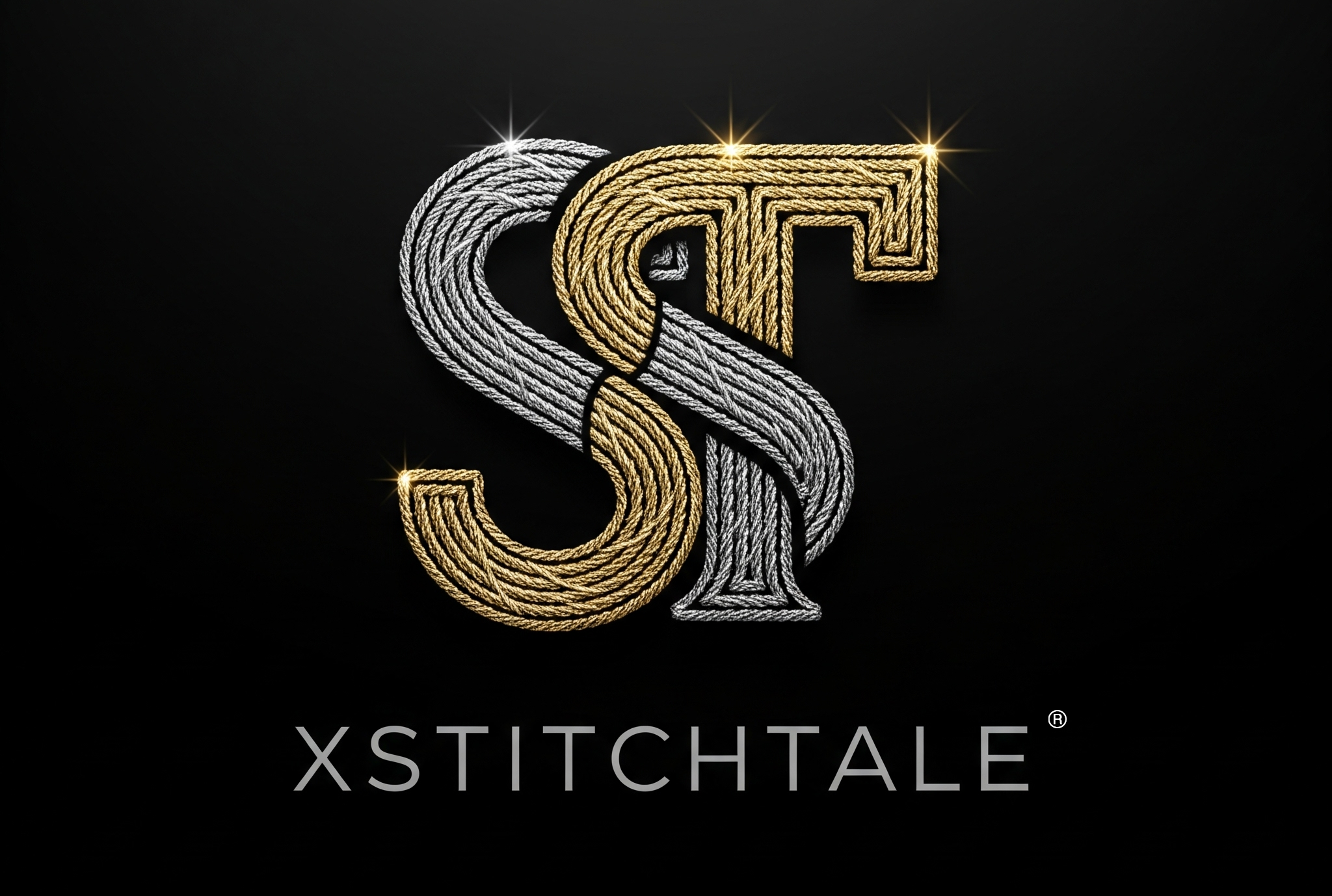 A stylized intertwined gold and silver ropes, with the words 'XSTITCHTALE' underneath, set against a black background. Online cross stitch store.