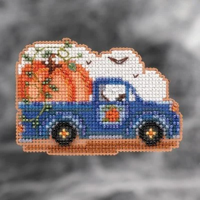 Mill Hill Pumpkin Delivery Beaded Cross Stitch Kit MH18-2121 featuring a vintage truck filled with autumn pumpkins and a crystal treasure.