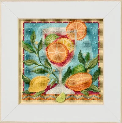 Mill Hill Sangria Beaded Cross Stitch Kit MH142612 featuring a colorful fruit drink and JABC button.