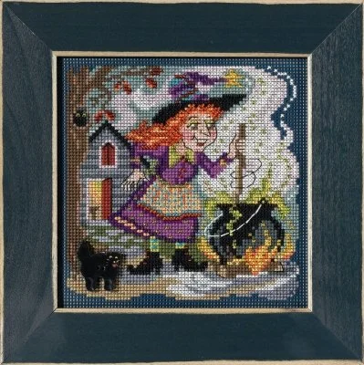 Mill Hill Witch's Brew Beaded Cross Stitch Kit MH14-2121 featuring a magical Halloween scene with a bubbling cauldron and a handcrafted button.