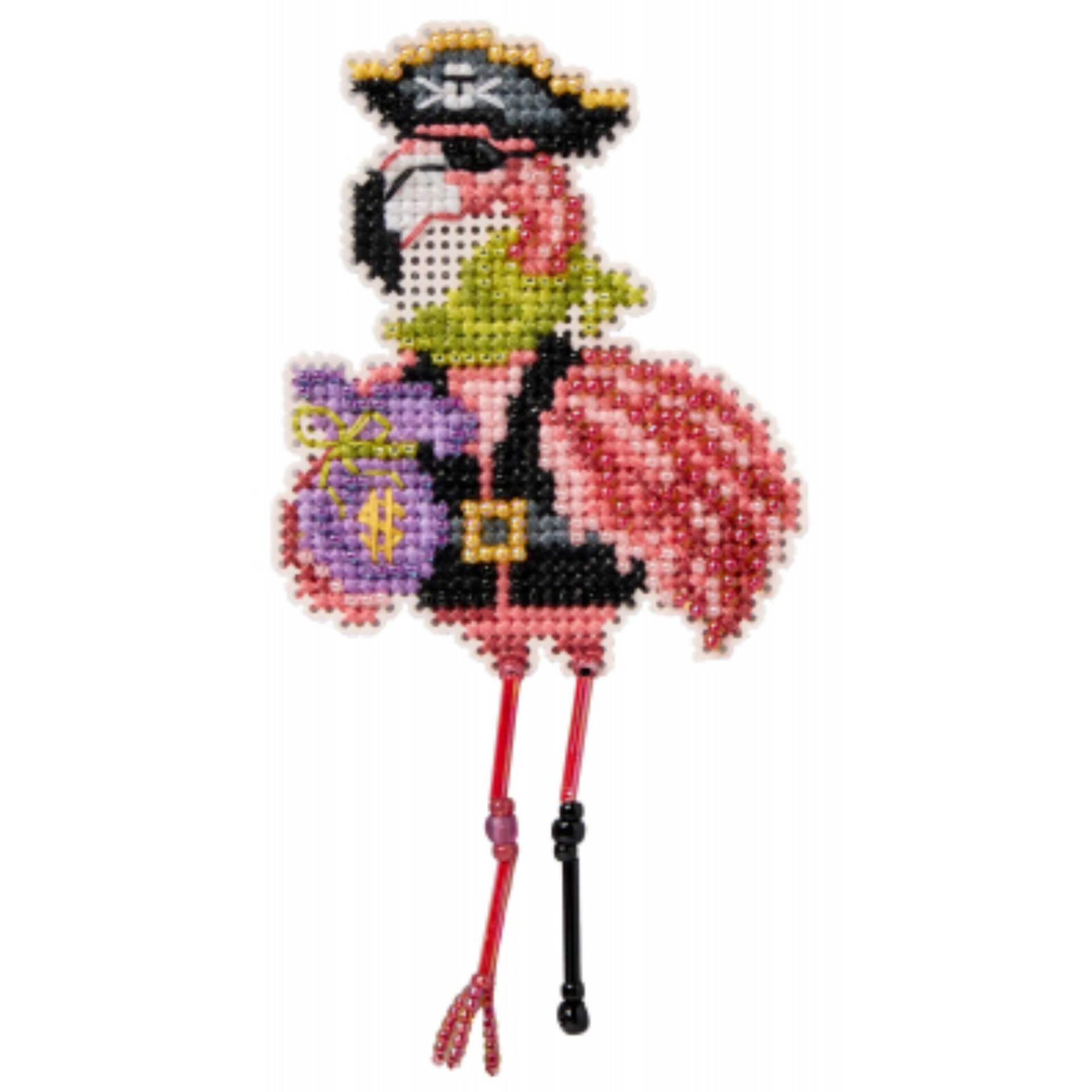 Mill Hill Pirate Flamingo unassembled cross-stitch kit featuring a whimsical flamingo dressed as a pirate with radiant glass beads and a classic treasure.