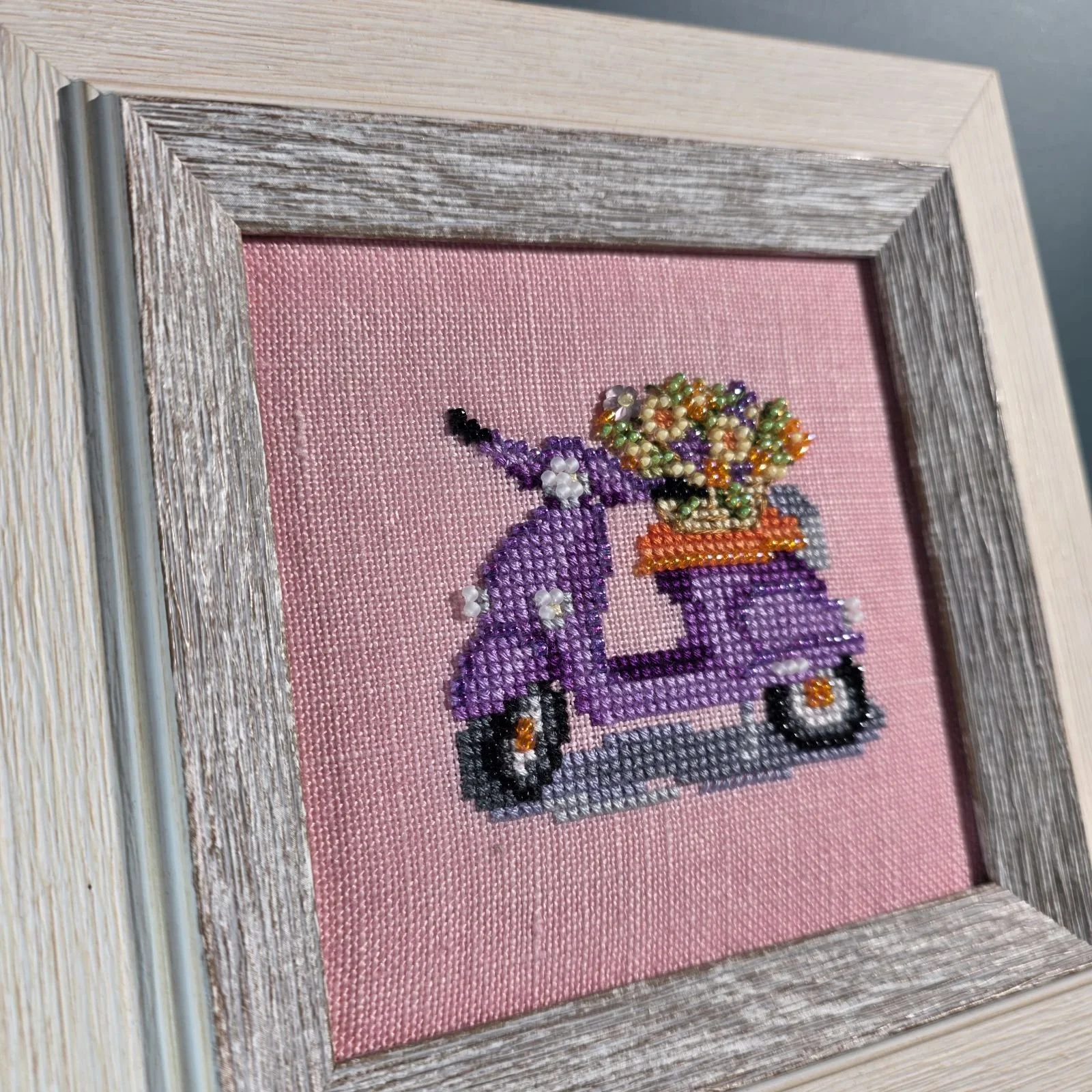 Mill Hill Scooter Beaded Cross Stitch Kit MH18-2313 featuring a vintage-style blue scooter with a crystal treasure accent.